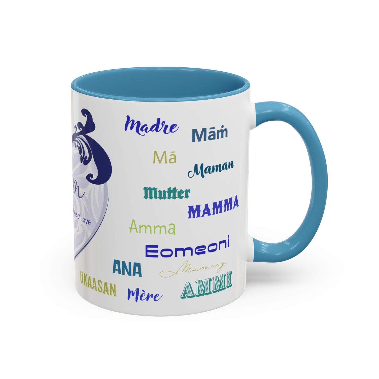 Mom Purple Elegant Heart Mug - “Mom” in Different Languages - Universal Language of Love - Gift for Moms, New Moms, Mother's Day, Birthday, Valentine’s Day - Modern & Stylish Ceramic Mug with Color Inside (11oz, 15oz)