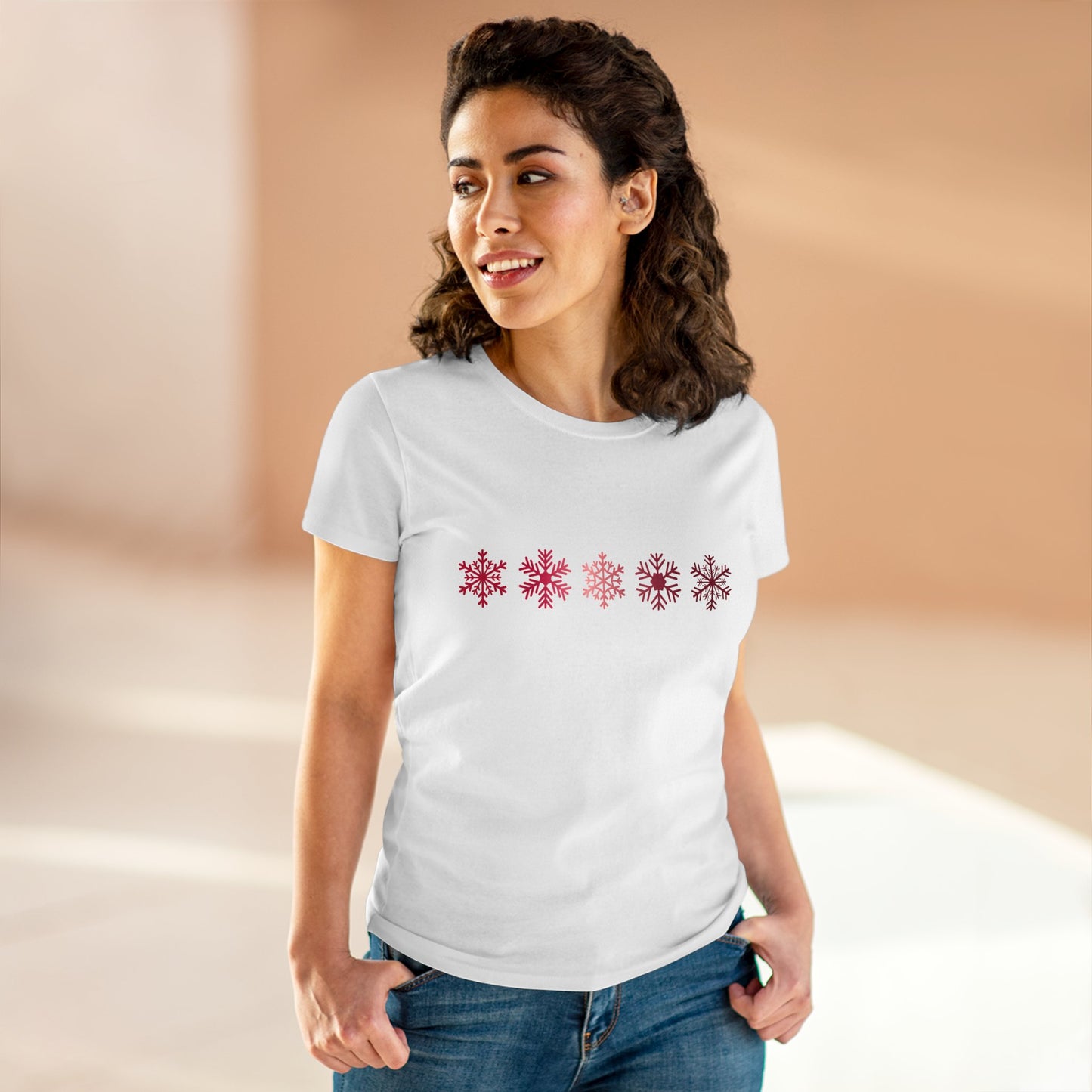 Red Snowflakes Women's Mid-weight Cotton Tee - Graphic Holiday Top Available In Multiple Colors