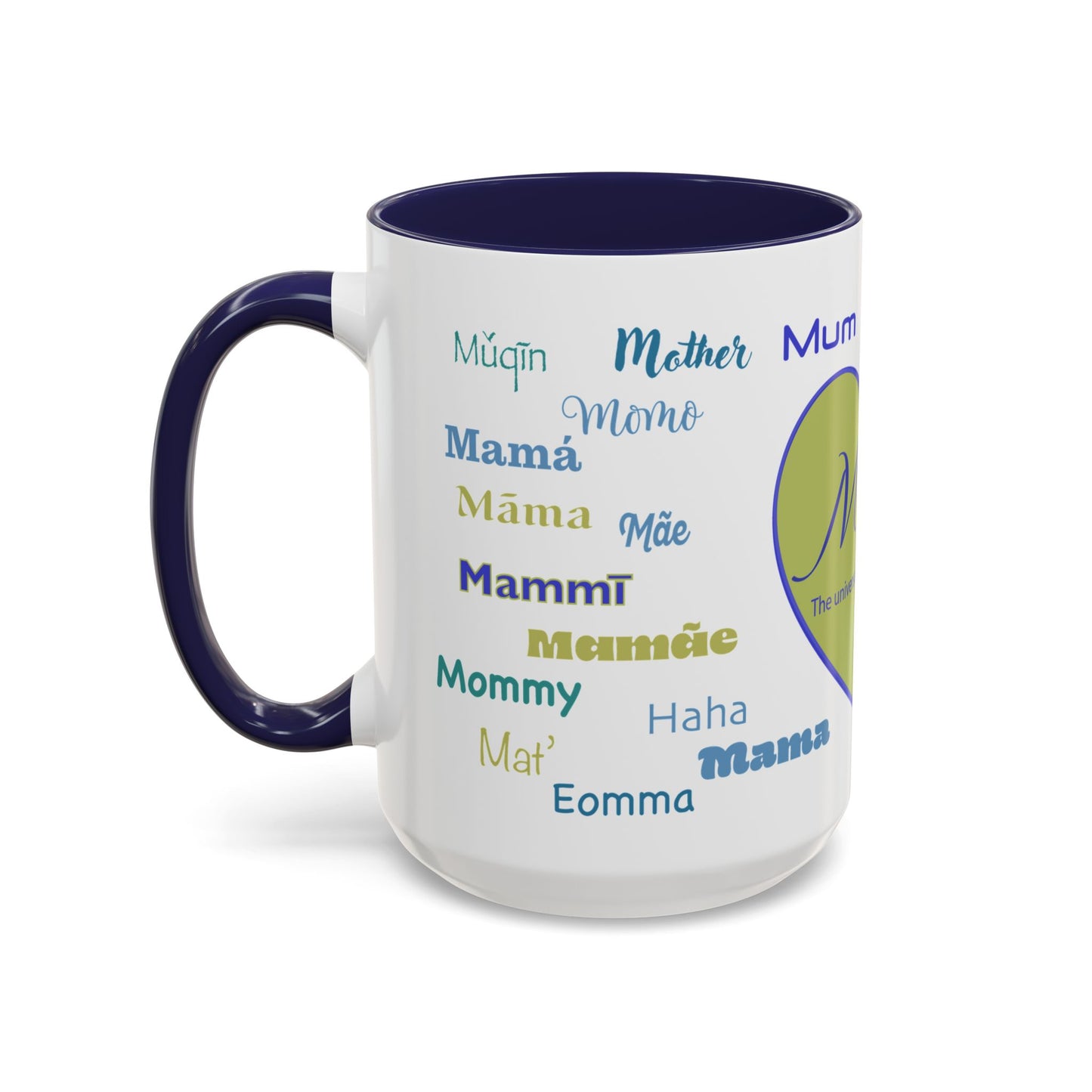Mom Green Heart Mug - “Mom” in Different Languages - Universal Language of Love - Gift for Moms, New Moms, Mother's Day, Birthday, Valentine’s Day - Modern & Stylish Ceramic Mug with Color Inside (11oz, 15oz)