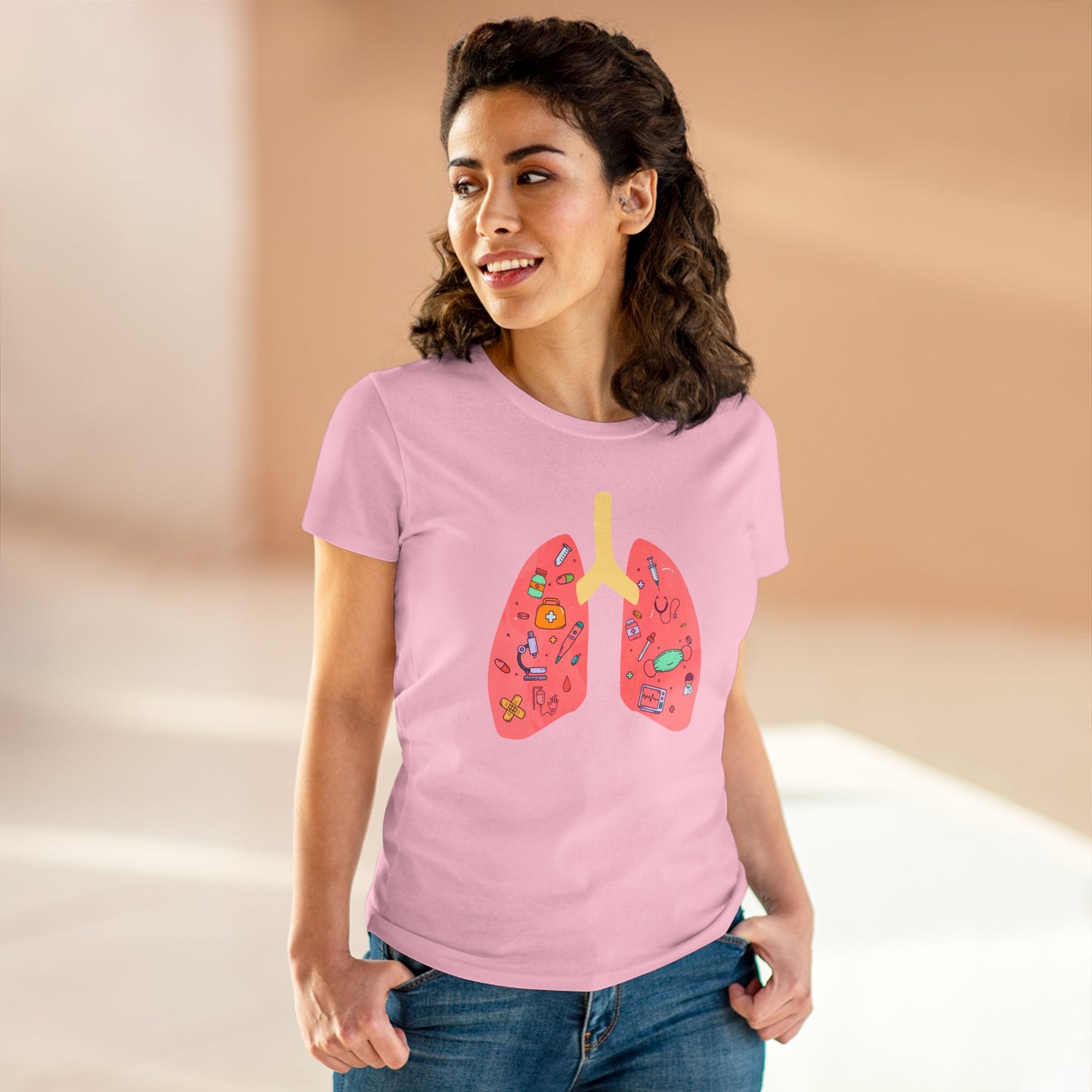 Medical Cartoon Lung Women's Mid-weight Cotton Tee - Medical Humor