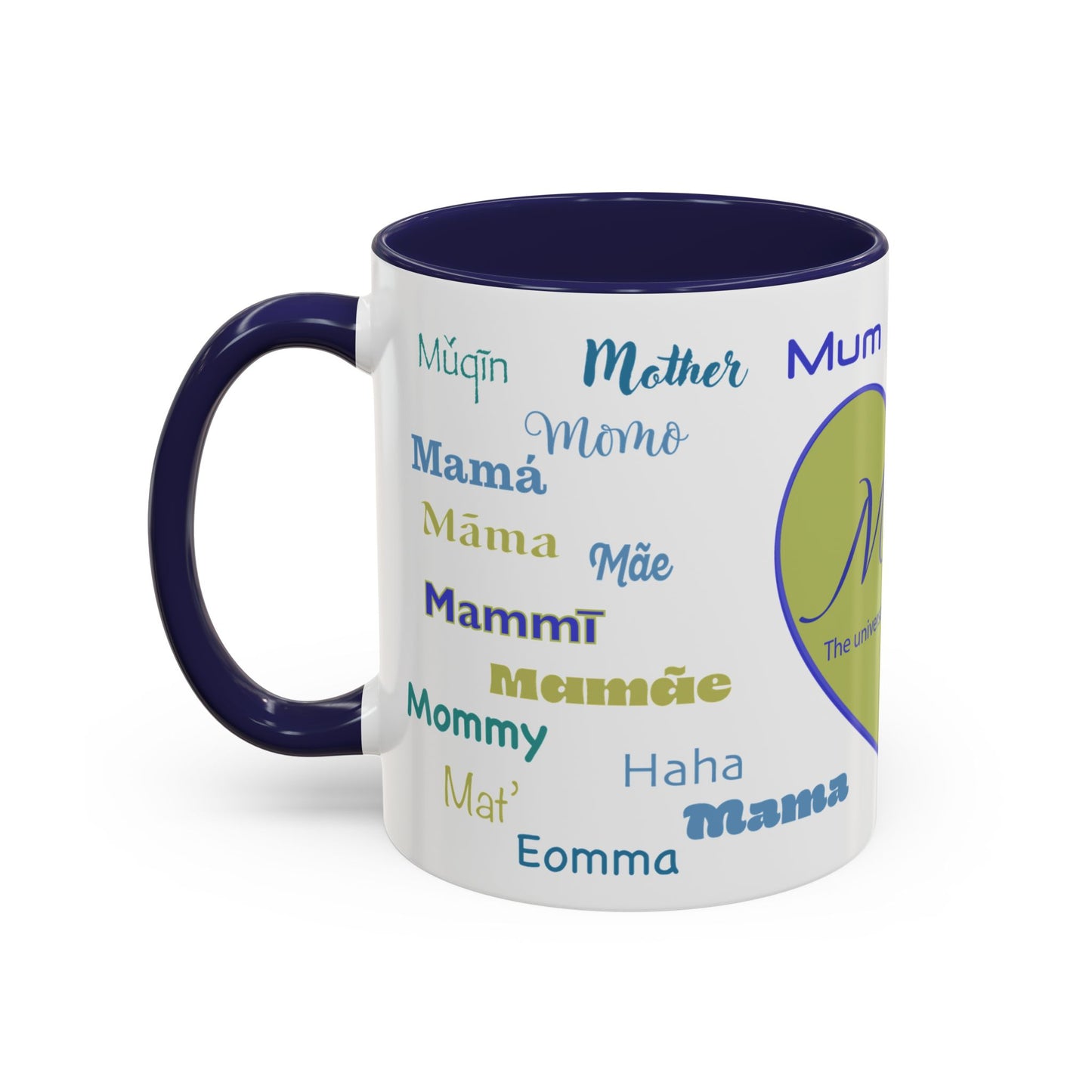 Mom Green Heart Mug - “Mom” in Different Languages - Universal Language of Love - Gift for Moms, New Moms, Mother's Day, Birthday, Valentine’s Day - Modern & Stylish Ceramic Mug with Color Inside (11oz, 15oz)