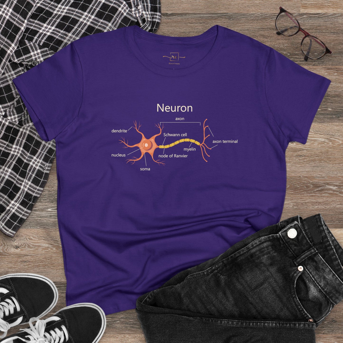Neuron Anatomy Women's Mid-weight Cotton T-Shirt - Orange Medical Graphic Tee Featuring Nerve Cell, Axon & Myelin - Perfect for Doctors, Nurses, and Medical Students