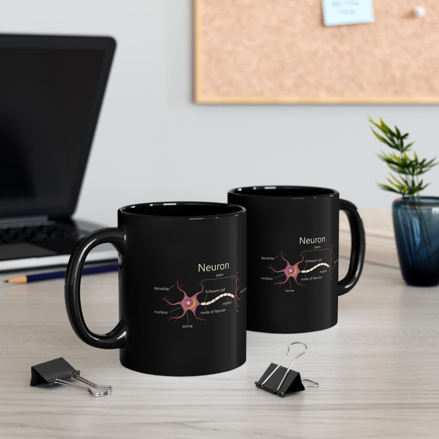 Neuron Anatomy Black Ceramic Mug (11oz, 15oz) - Nerve Cell, Axon & Myelin Sheath Mauve Diagram - Perfect for Neurologists, Doctors, Nurses, Medical Professionals