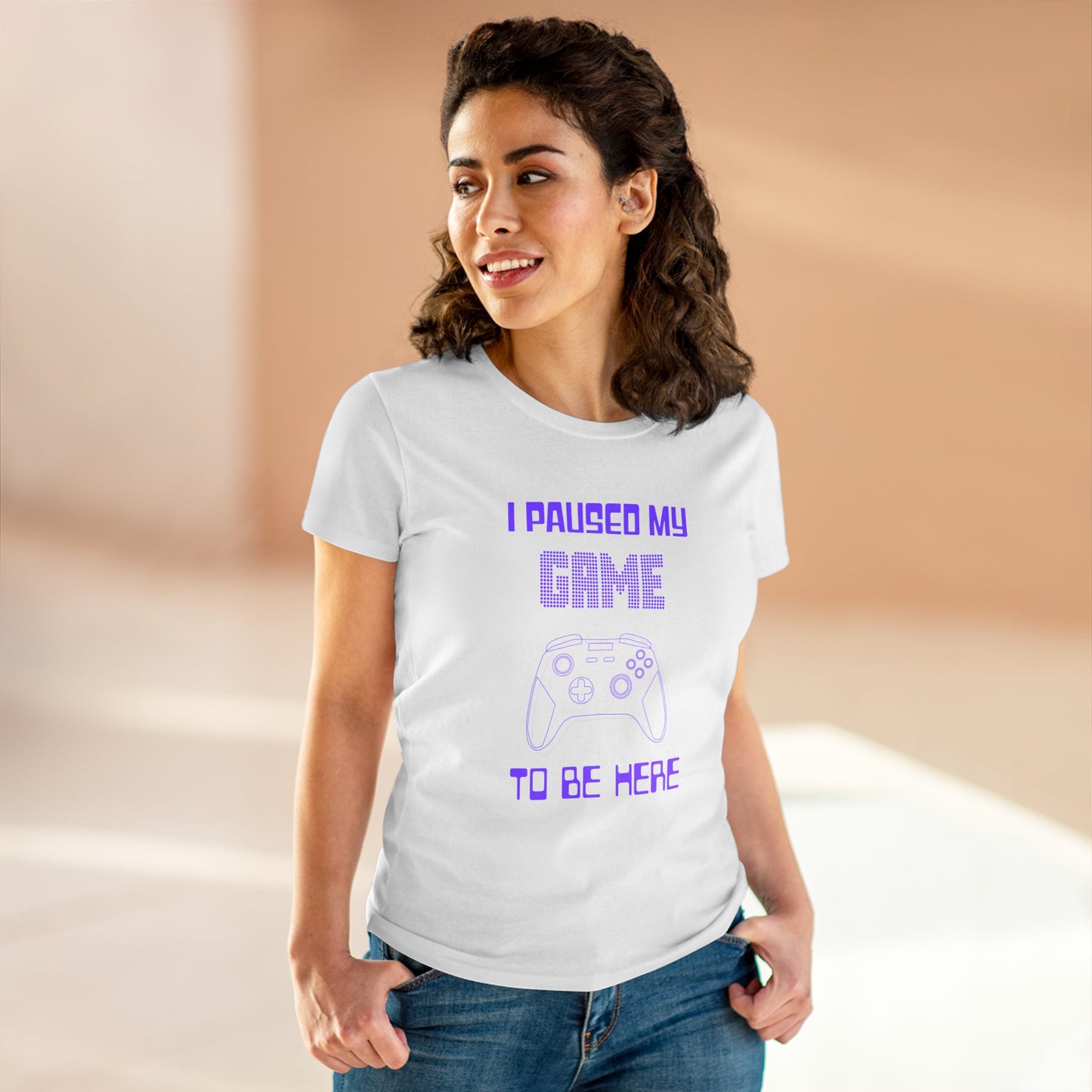Gamer I Paused My Game Women's Mid-weight Cotton Tee - Humor Joke (Purple Controller)