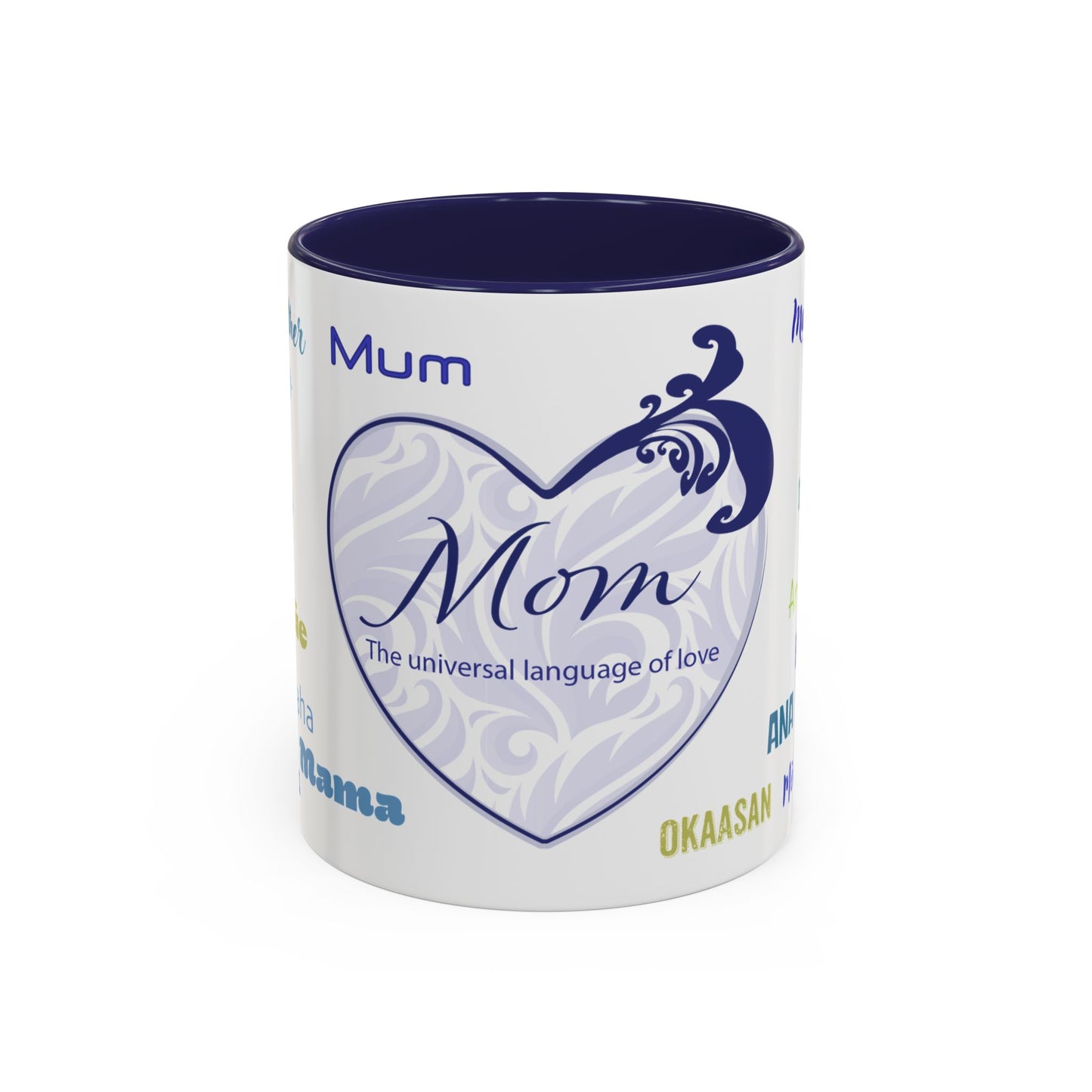 Mom Purple Elegant Heart Mug - “Mom” in Different Languages - Universal Language of Love - Gift for Moms, New Moms, Mother's Day, Birthday, Valentine’s Day - Modern & Stylish Ceramic Mug with Color Inside (11oz, 15oz)
