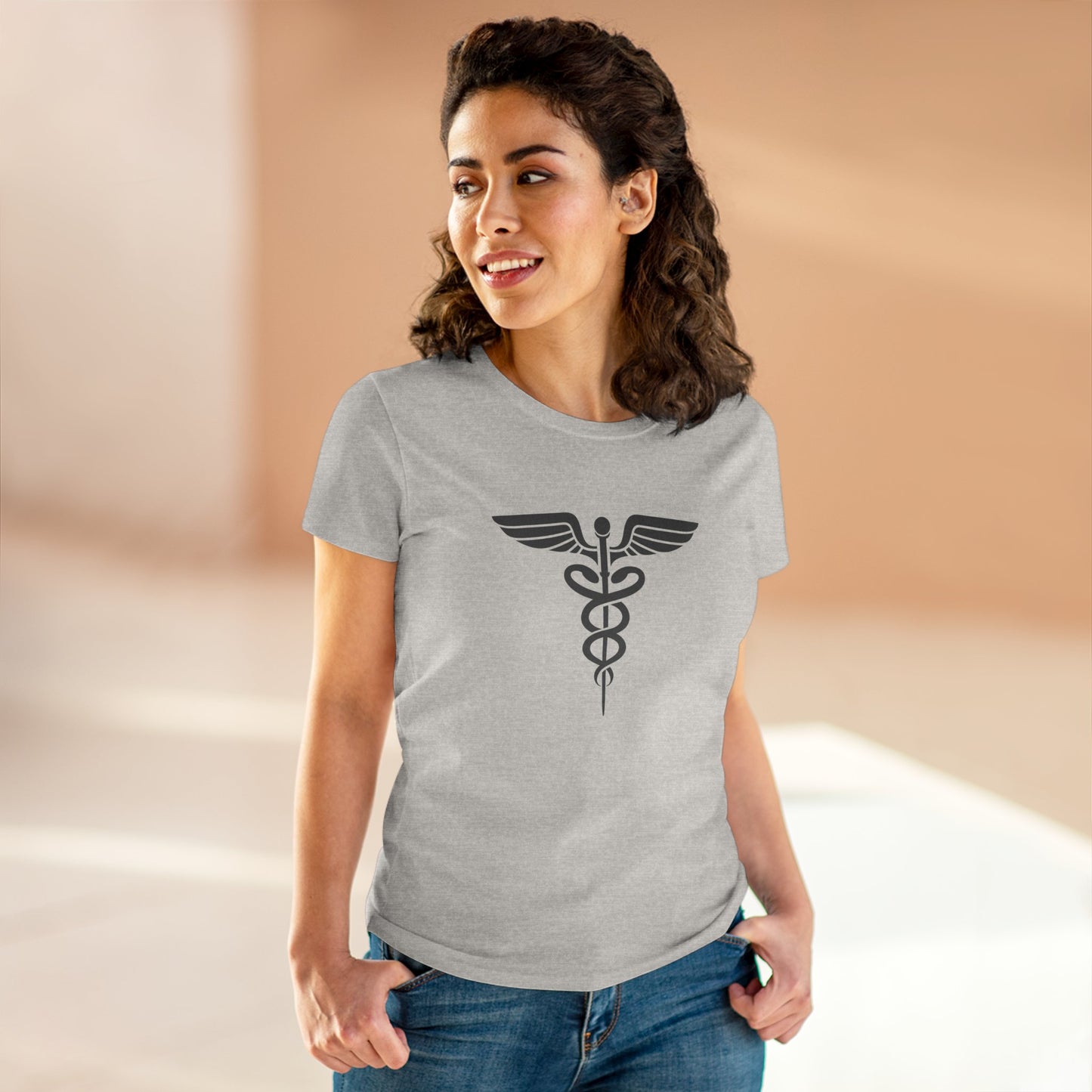 Caduceus Gray Symbol Women's Midweight Cotton Tee - Medical