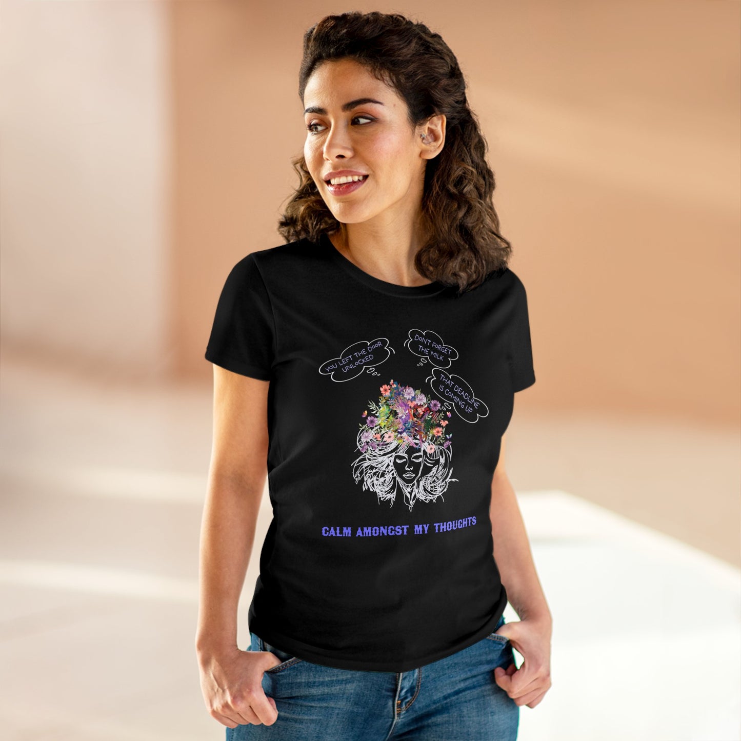 Wellness Calm Thoughts Mental Health Women's Mid-weight Cotton Tee -Humor