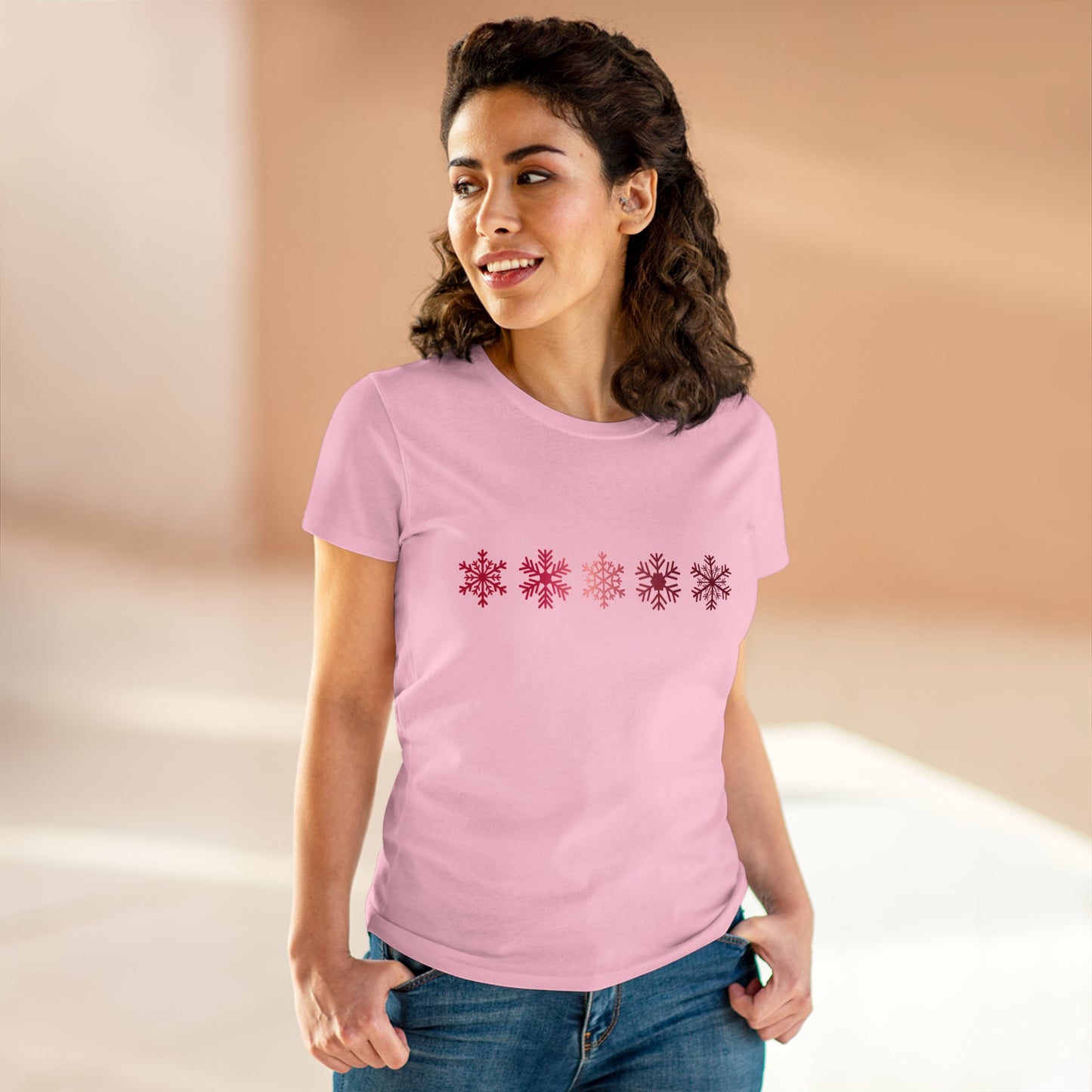 Red Snowflakes Women's Mid-weight Cotton Tee - Graphic Holiday Top Available In Multiple Colors