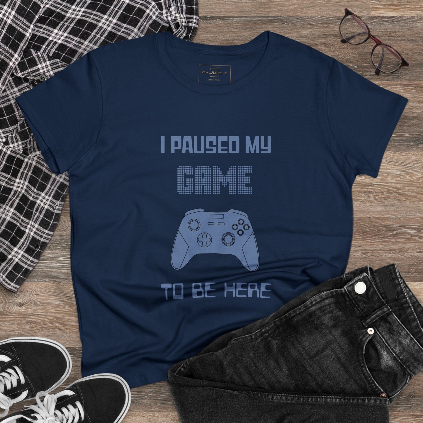Gamer I Paused My Game Women's Mid-weight Cotton Tee - Humor Joke (Blue Controller)