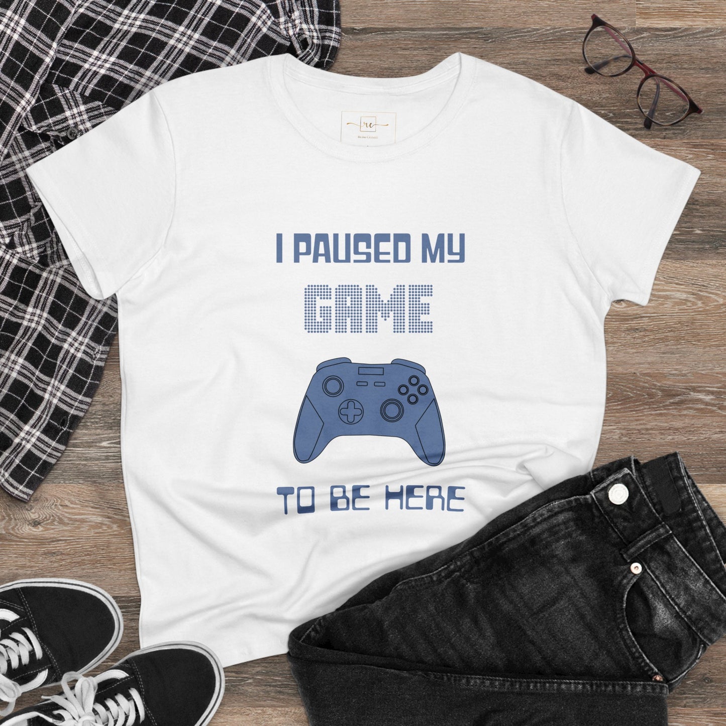 Gamer I Paused My Game Women's Mid-weight Cotton Tee - Humor Joke (Blue Controller)
