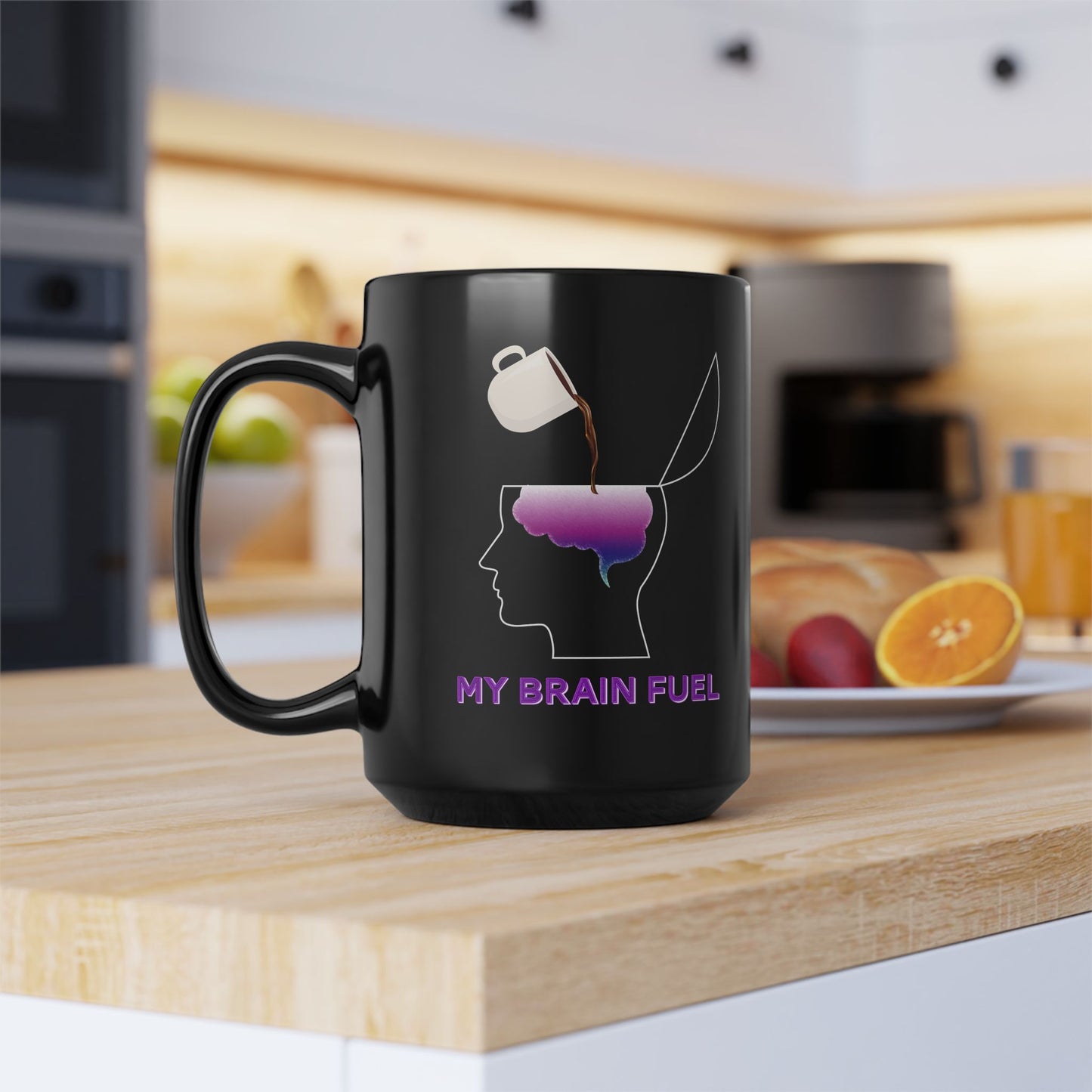 Coffee Brain Fuel Mug - Funny Coffee Pouring Into Brain Design - Wellness & Mental Health Humor Gift - Black Ceramic Coffee Cup (11oz, 15oz)