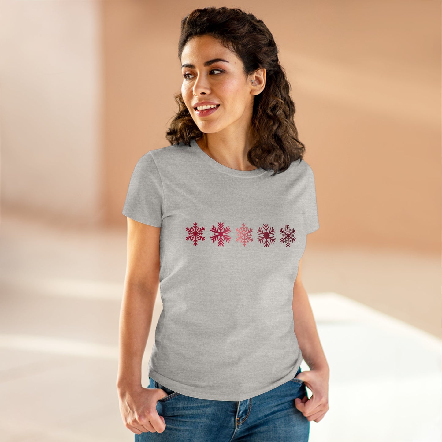 Red Snowflakes Women's Mid-weight Cotton Tee - Graphic Holiday Top Available In Multiple Colors