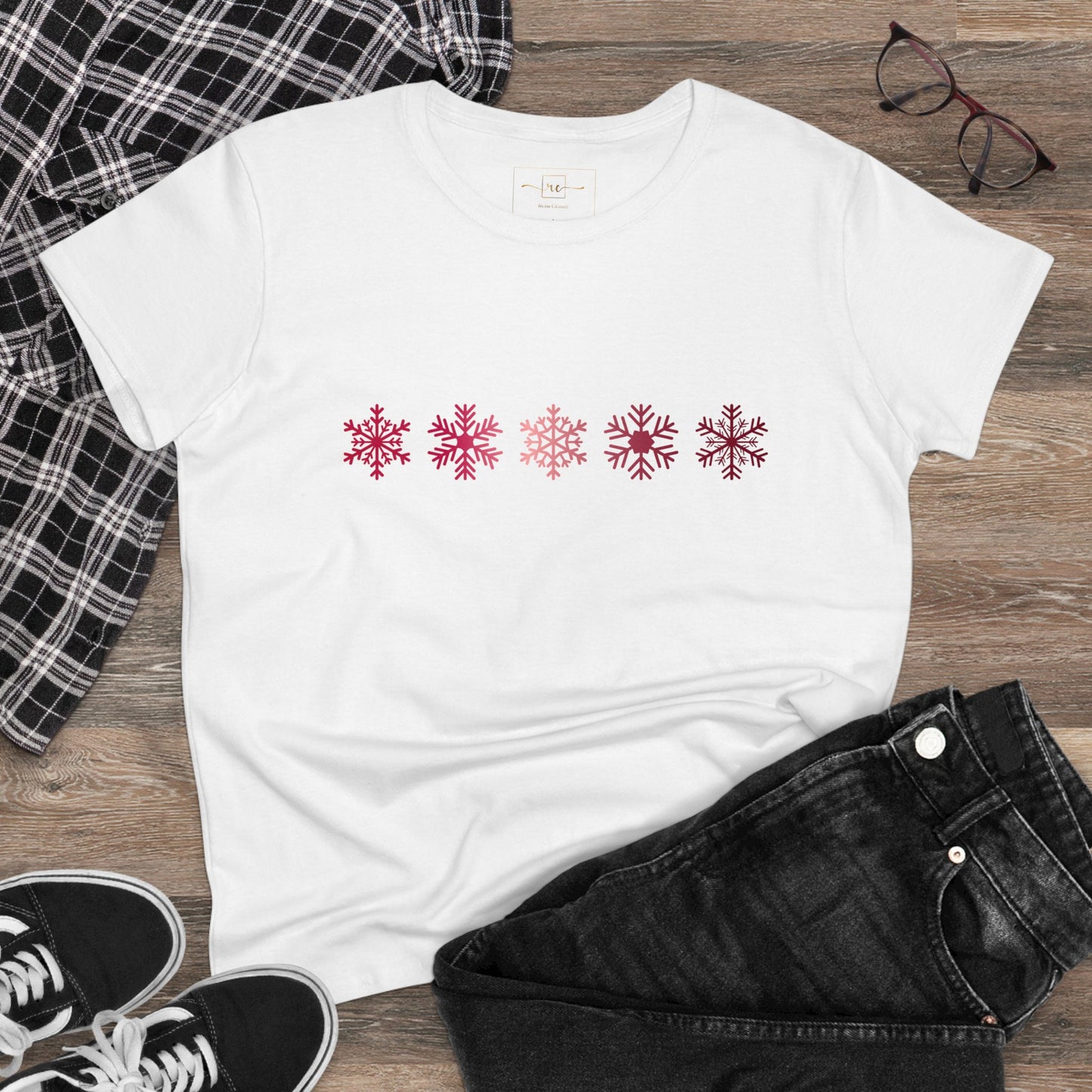Red Snowflakes Women's Mid-weight Cotton Tee - Graphic Holiday Top Available In Multiple Colors