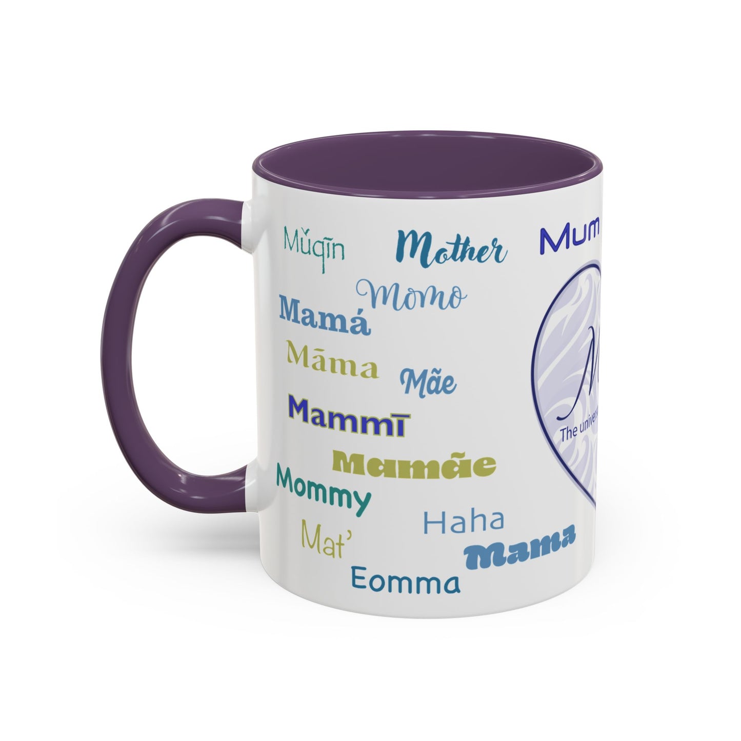 Mom Purple Elegant Heart Mug - “Mom” in Different Languages - Universal Language of Love - Gift for Moms, New Moms, Mother's Day, Birthday, Valentine’s Day - Modern & Stylish Ceramic Mug with Color Inside (11oz, 15oz)