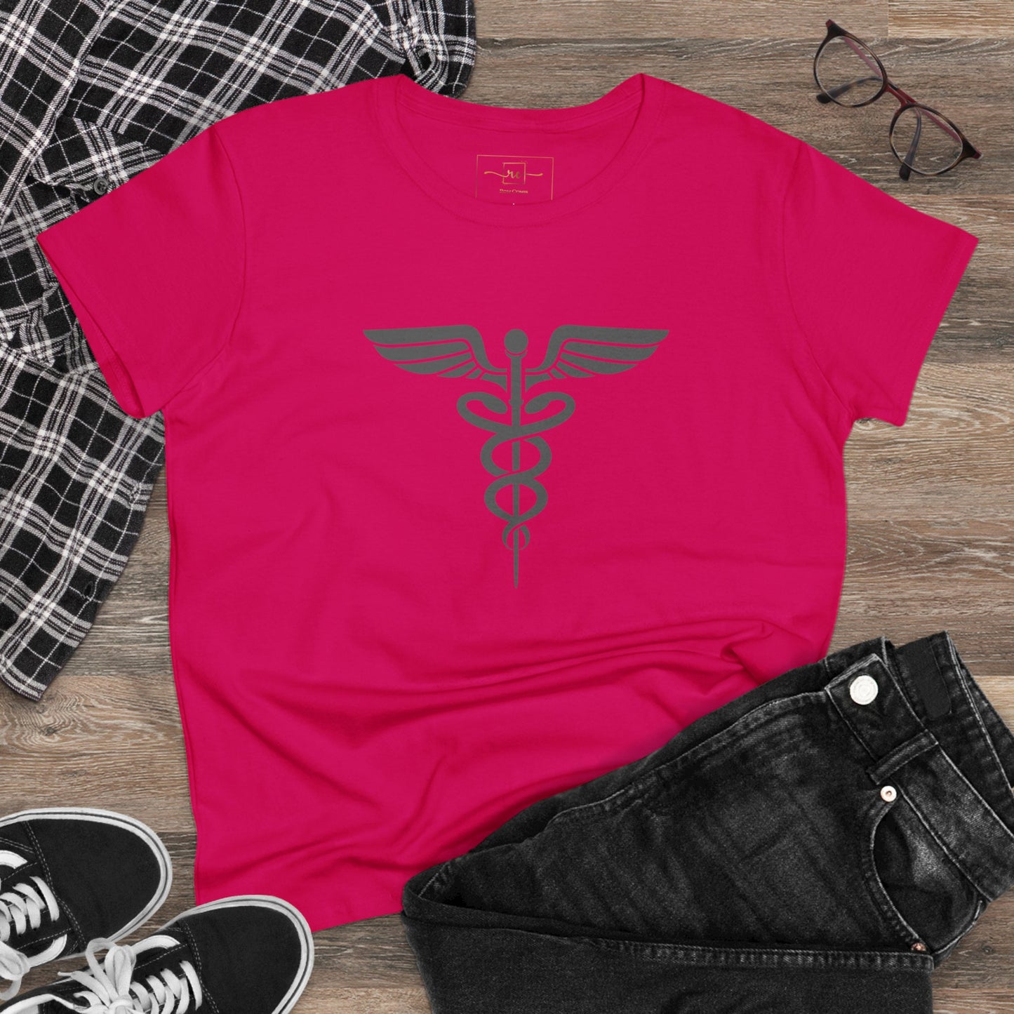 Caduceus Gray Symbol Women's Midweight Cotton Tee - Medical