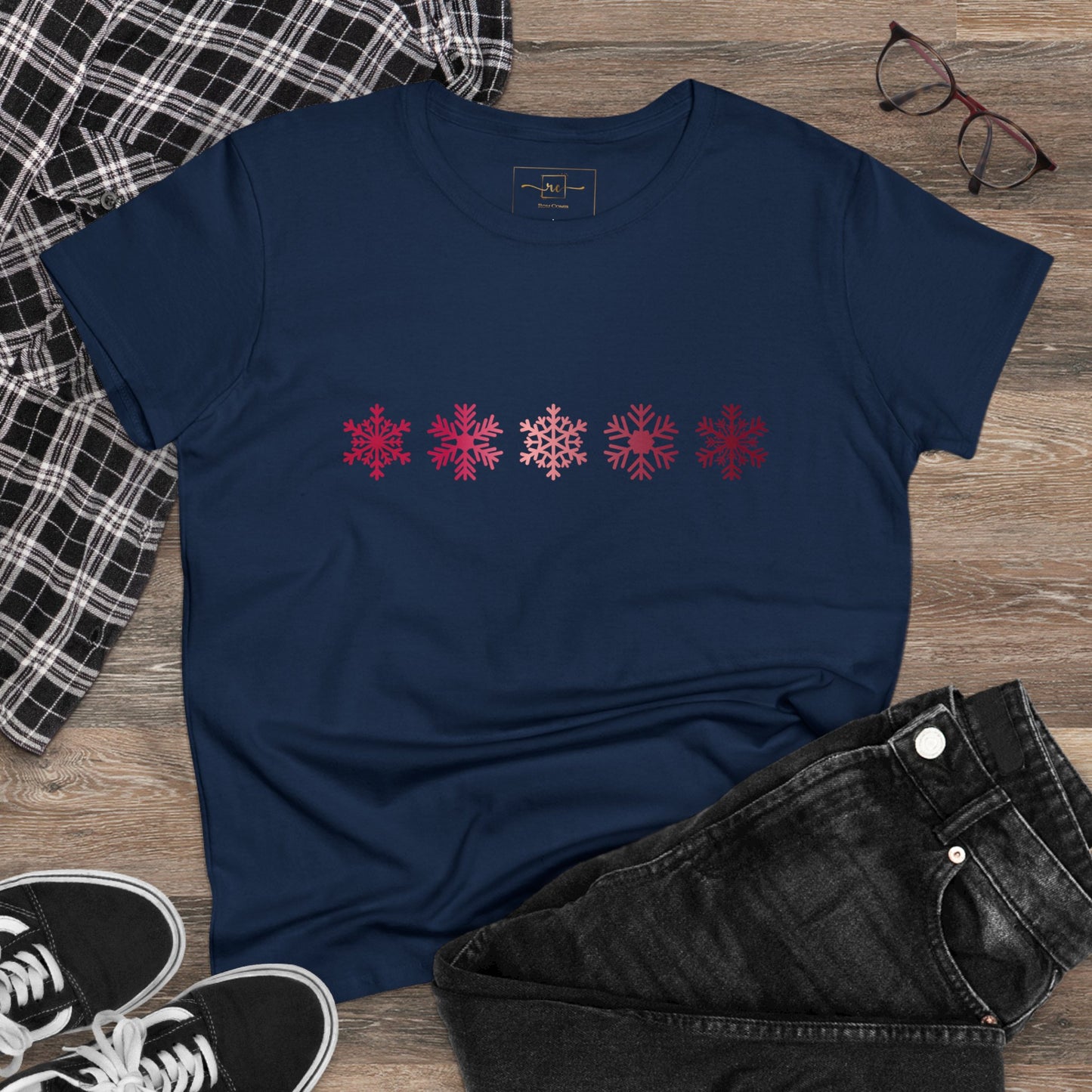 Red Snowflakes Women's Mid-weight Cotton Tee - Graphic Holiday Top Available In Multiple Colors