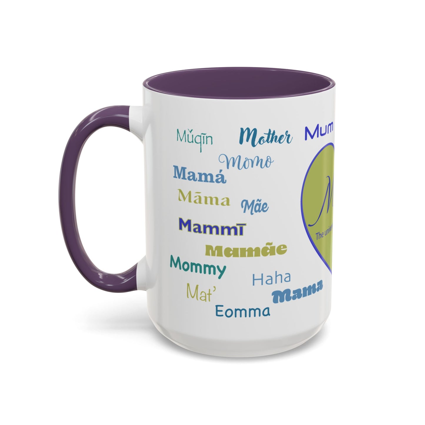 Mom Green Heart Mug - “Mom” in Different Languages - Universal Language of Love - Gift for Moms, New Moms, Mother's Day, Birthday, Valentine’s Day - Modern & Stylish Ceramic Mug with Color Inside (11oz, 15oz)