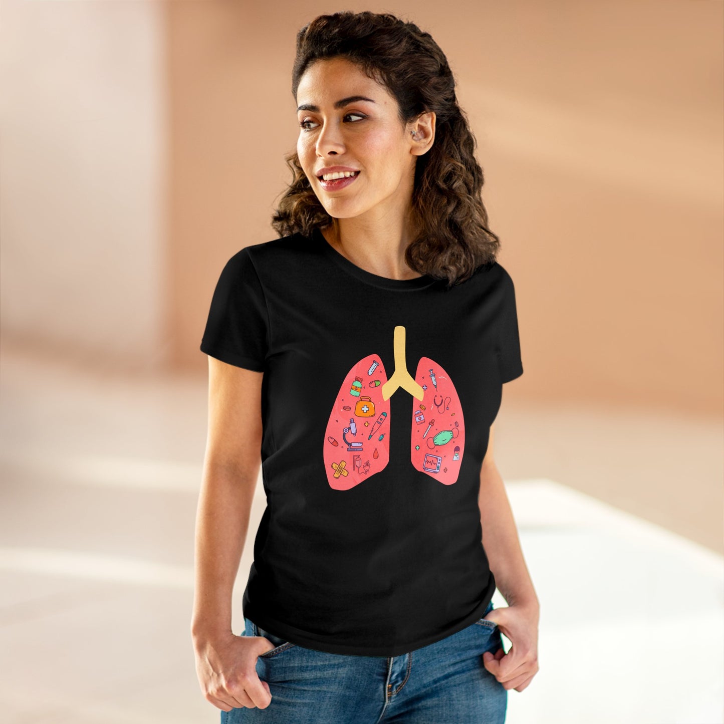 Medical Cartoon Lung Women's Mid-weight Cotton Tee - Medical Humor