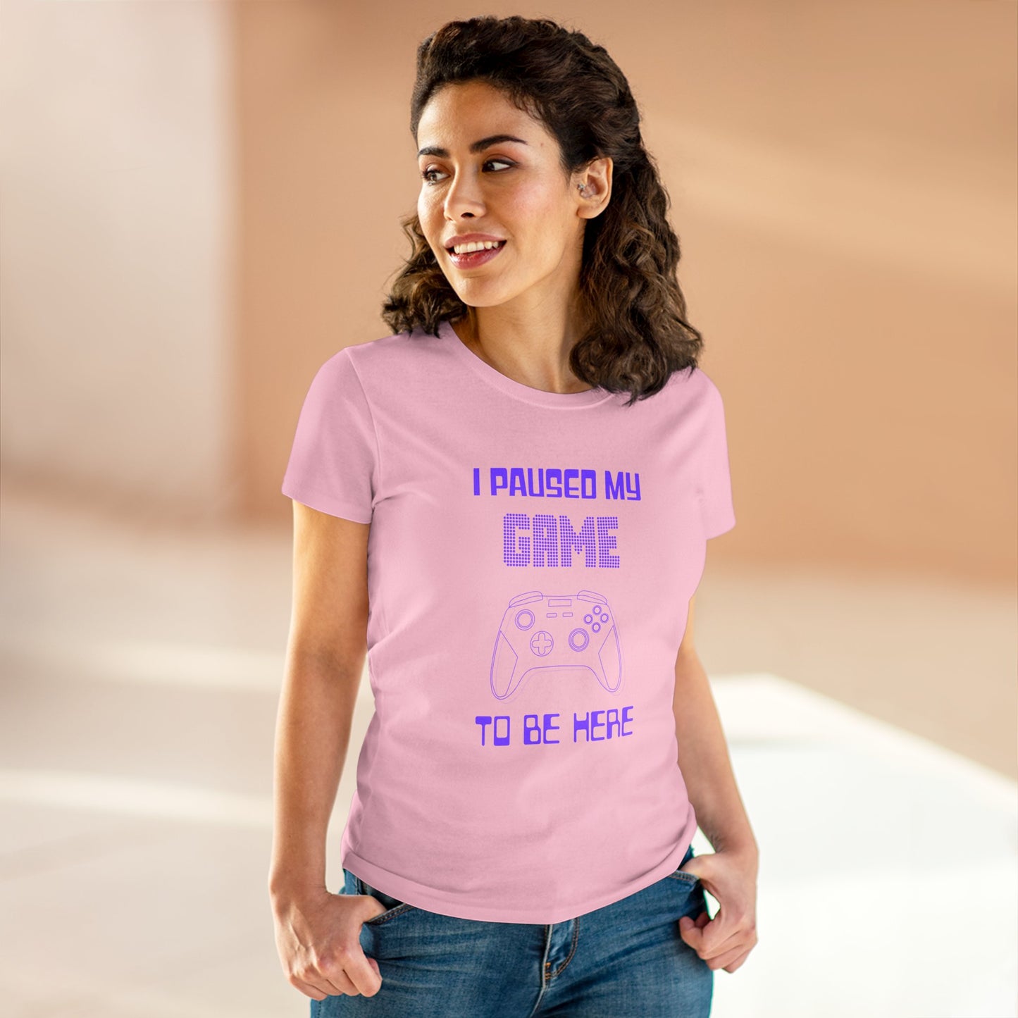 Gamer I Paused My Game Women's Mid-weight Cotton Tee - Humor Joke (Purple Controller)