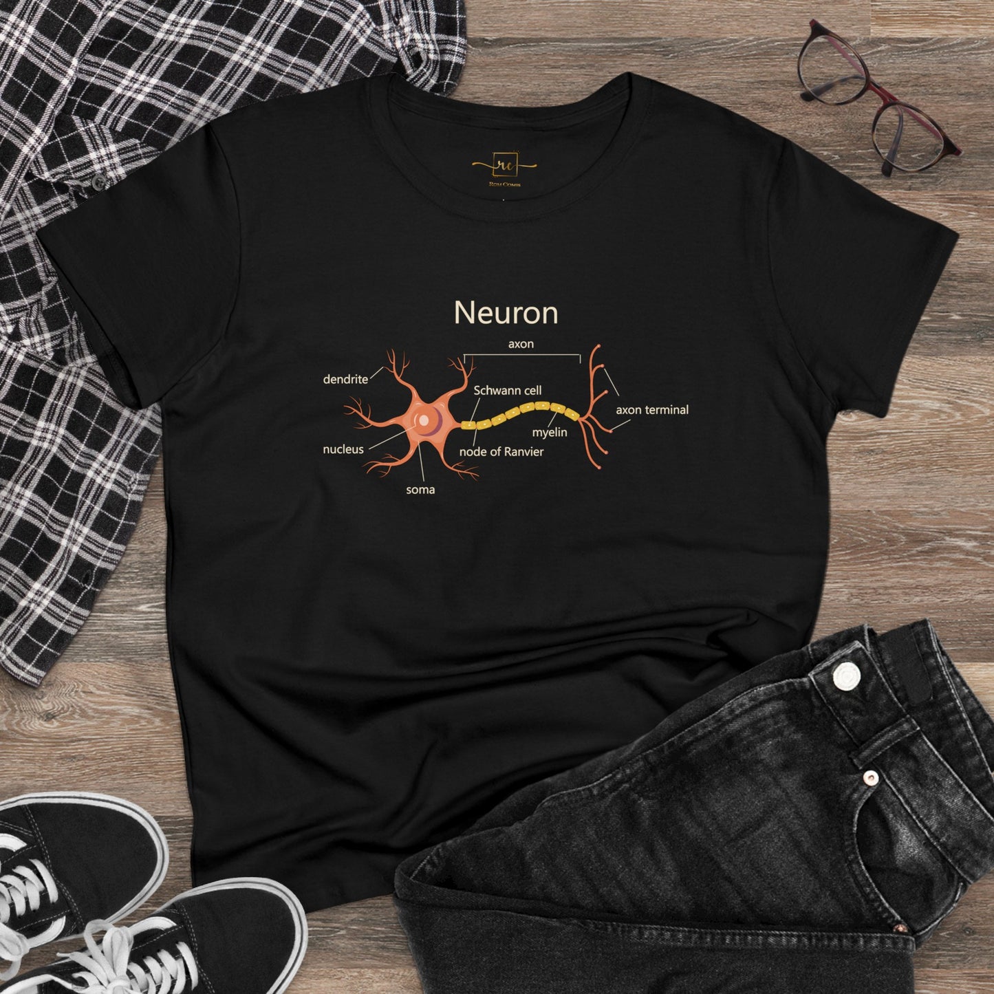 Neuron Anatomy Women's Mid-weight Cotton T-Shirt - Orange Medical Graphic Tee Featuring Nerve Cell, Axon & Myelin - Perfect for Doctors, Nurses, and Medical Students
