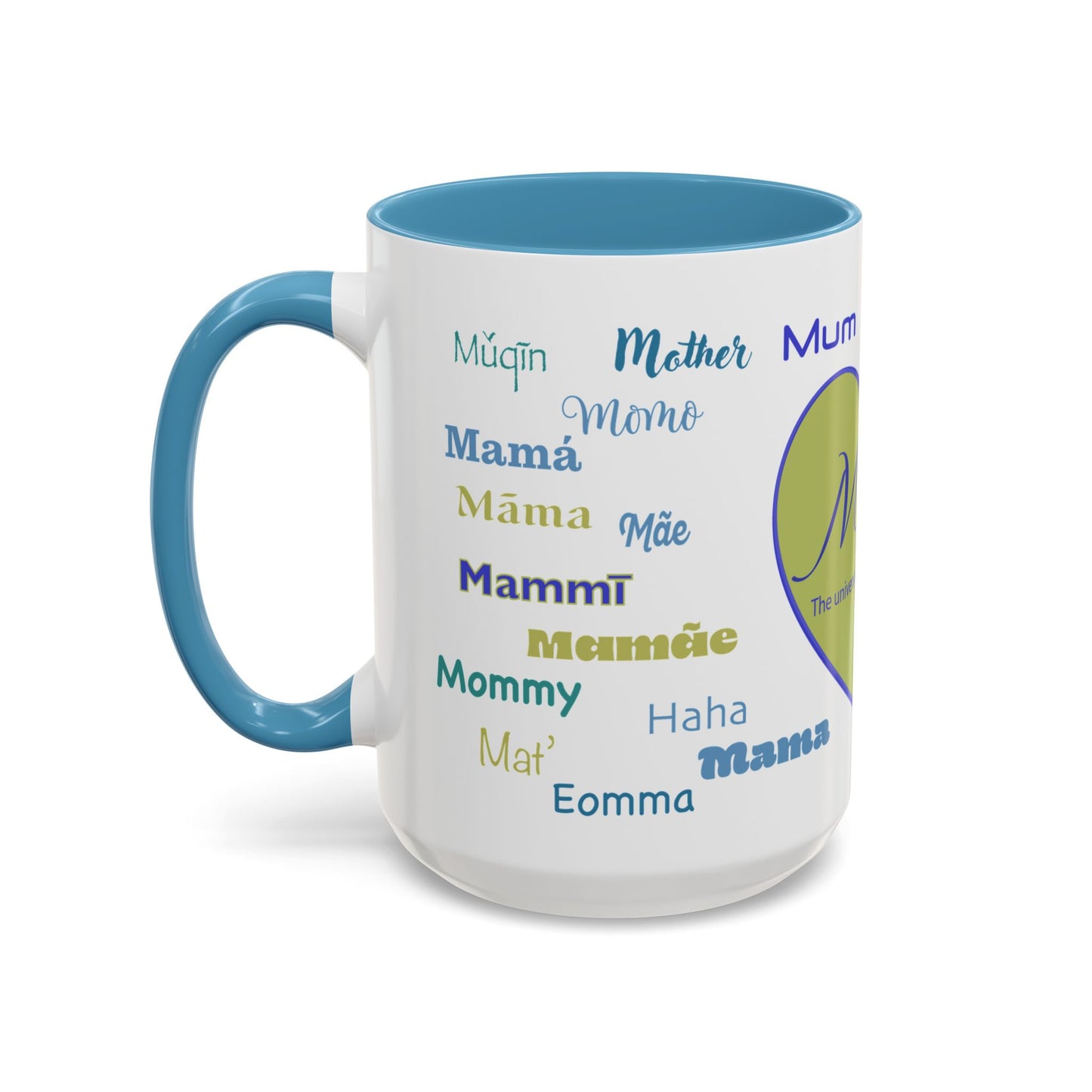 Mom Green Heart Mug - “Mom” in Different Languages - Universal Language of Love - Gift for Moms, New Moms, Mother's Day, Birthday, Valentine’s Day - Modern & Stylish Ceramic Mug with Color Inside (11oz, 15oz)