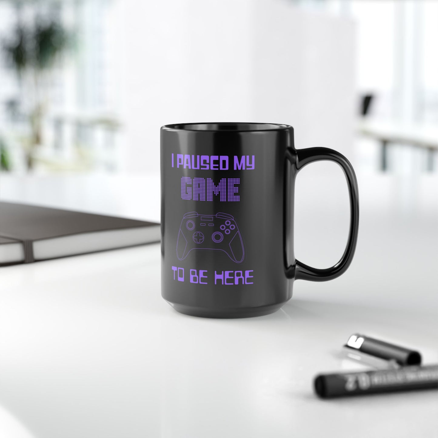 Funny Gamer Mug - "I Paused My Game to Be Here" Black Ceramic Mug (11oz, 15oz) with Purple Game Controller Design