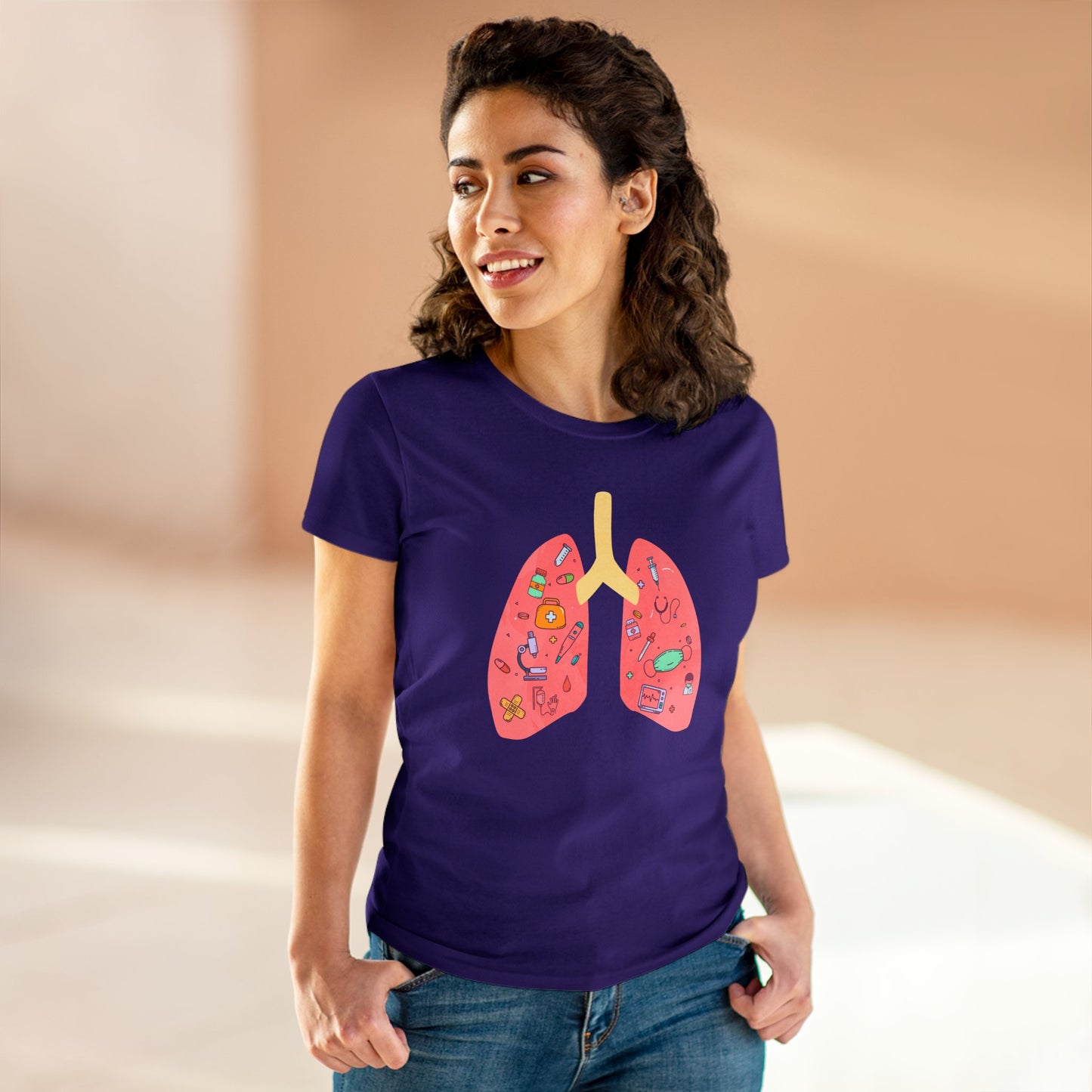 Medical Cartoon Lung Women's Mid-weight Cotton Tee - Medical Humor