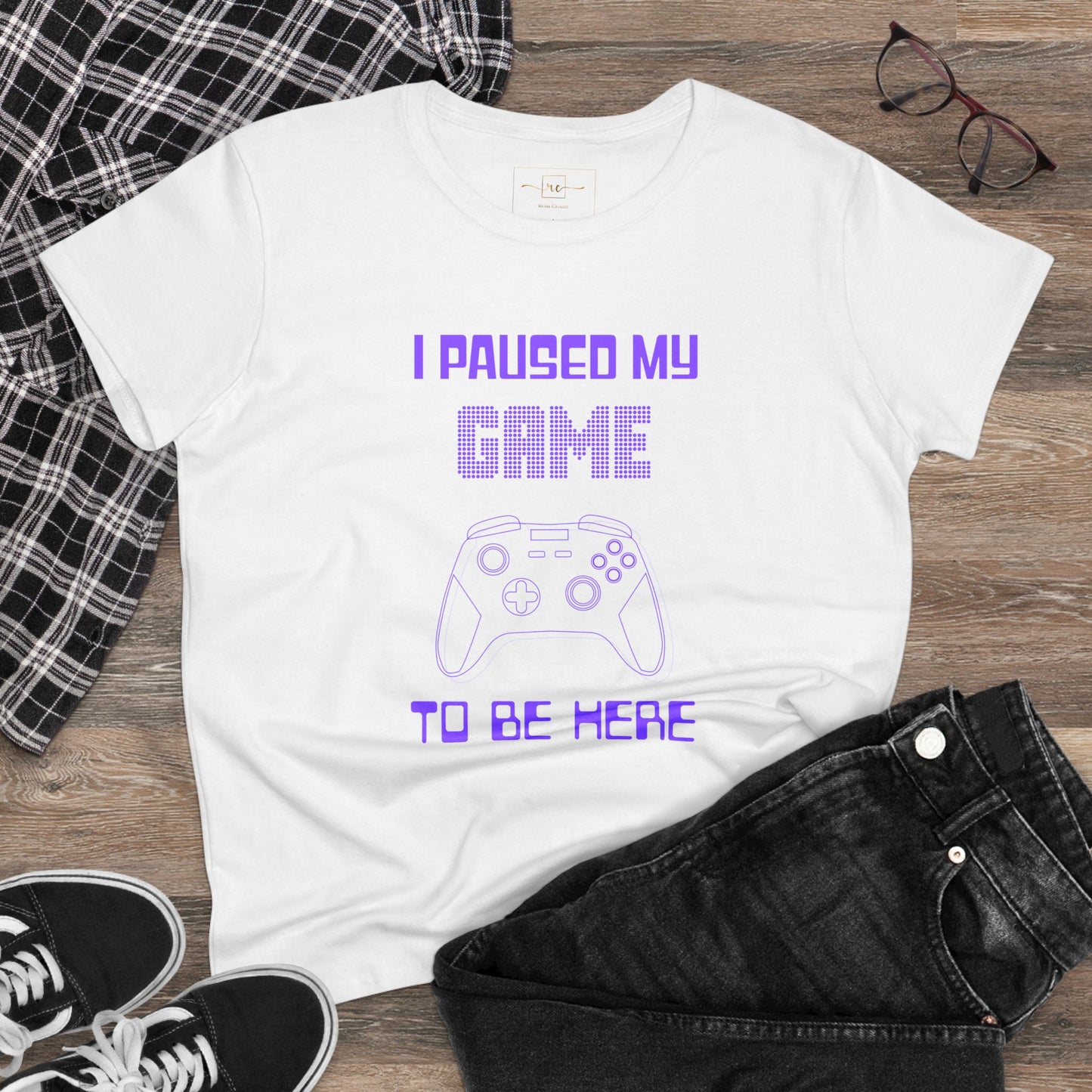Gamer I Paused My Game Women's Mid-weight Cotton Tee - Humor Joke (Purple Controller)
