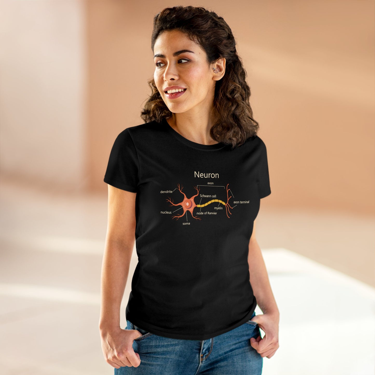Neuron Anatomy Women's Mid-weight Cotton T-Shirt - Orange Medical Graphic Tee Featuring Nerve Cell, Axon & Myelin - Perfect for Doctors, Nurses, and Medical Students