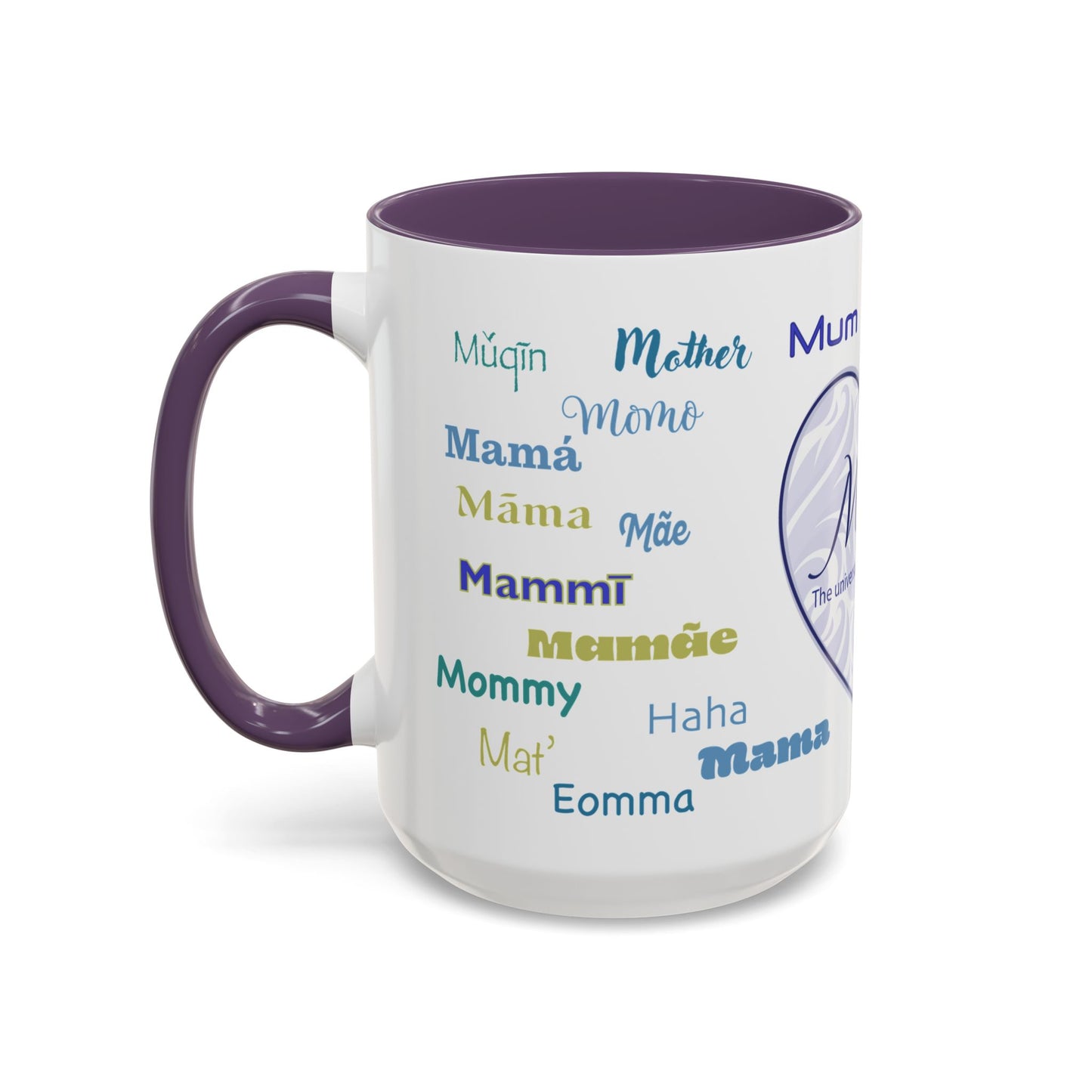 Mom Purple Elegant Heart Mug - “Mom” in Different Languages - Universal Language of Love - Gift for Moms, New Moms, Mother's Day, Birthday, Valentine’s Day - Modern & Stylish Ceramic Mug with Color Inside (11oz, 15oz)
