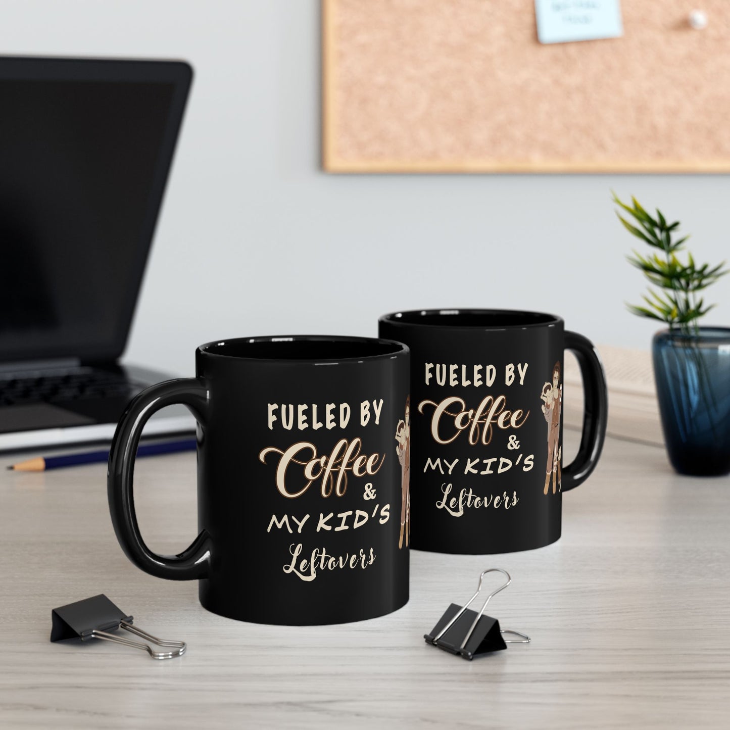Funny Mom Life Coffee Mug - Fueled by Coffee & Kids Leftovers - Humorous Gift for Mothers, Parents (Black, 11oz & 15oz)