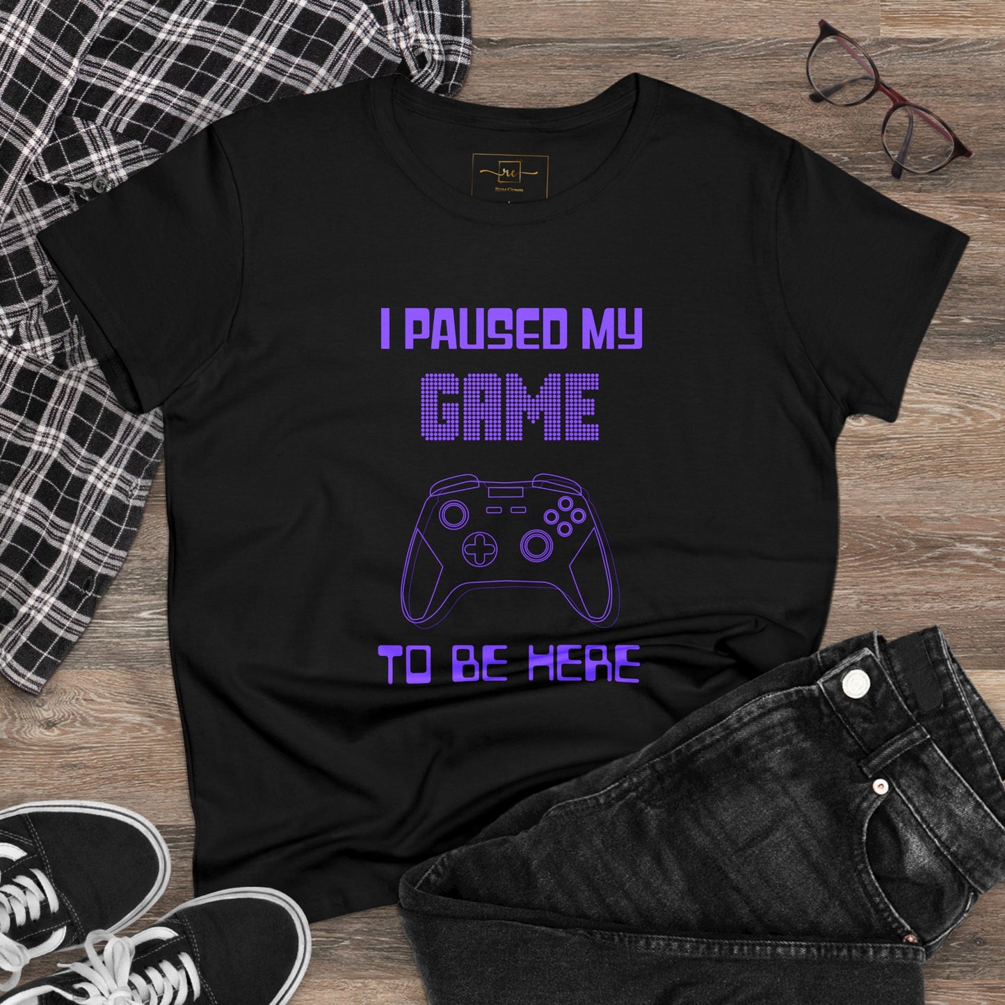 Gamer I Paused My Game Women's Mid-weight Cotton Tee - Humor Joke (Purple Controller)