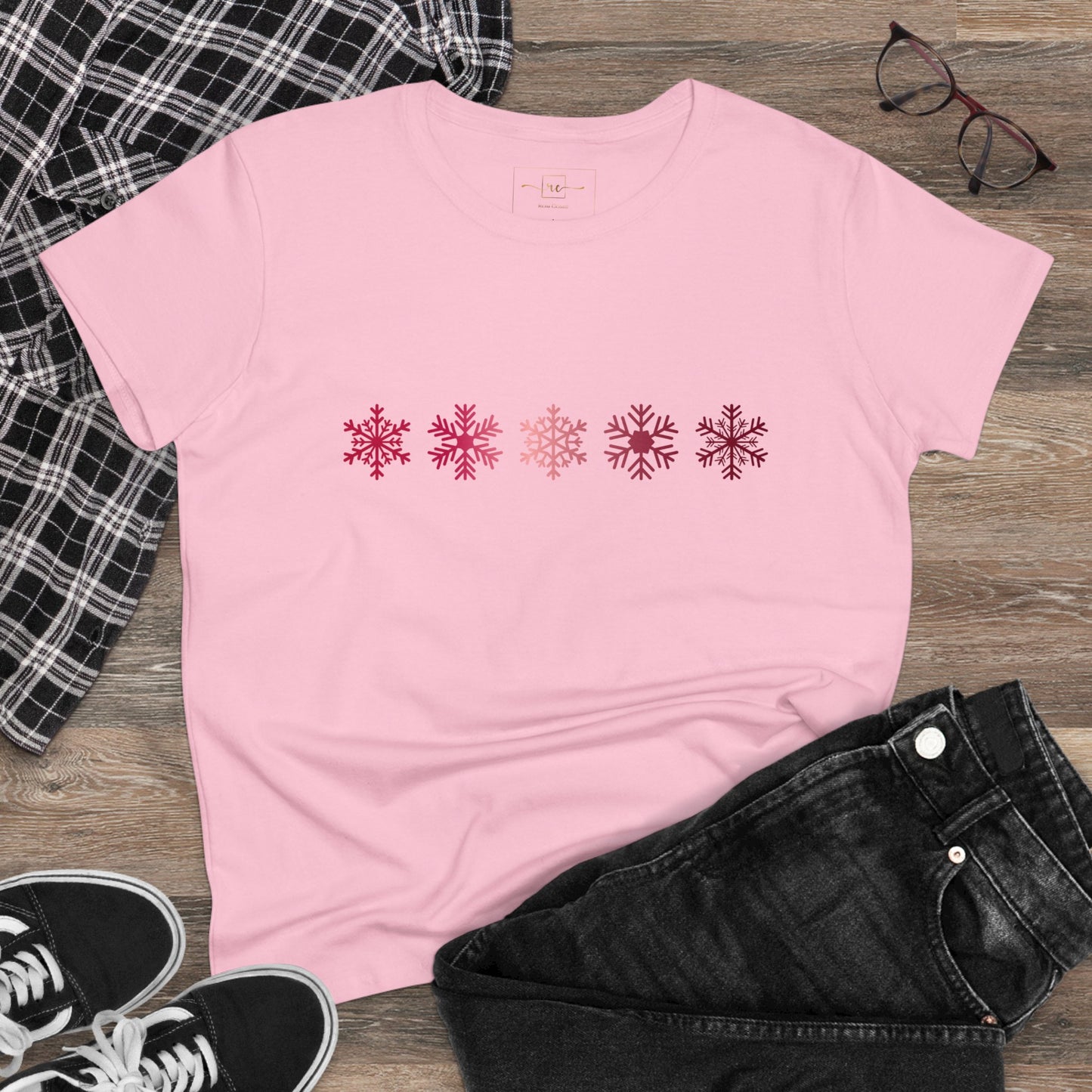 Red Snowflakes Women's Mid-weight Cotton Tee - Graphic Holiday Top Available In Multiple Colors
