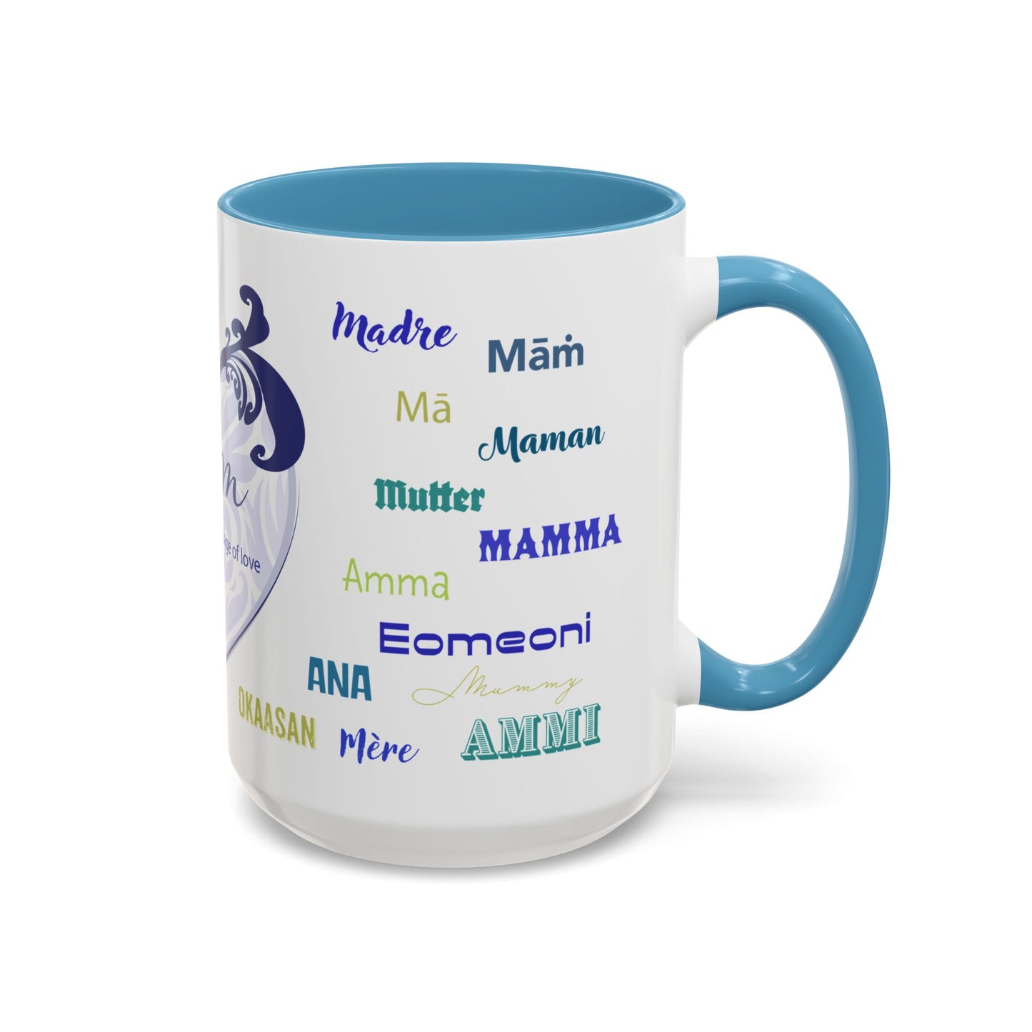 Mom Purple Elegant Heart Mug - “Mom” in Different Languages - Universal Language of Love - Gift for Moms, New Moms, Mother's Day, Birthday, Valentine’s Day - Modern & Stylish Ceramic Mug with Color Inside (11oz, 15oz)
