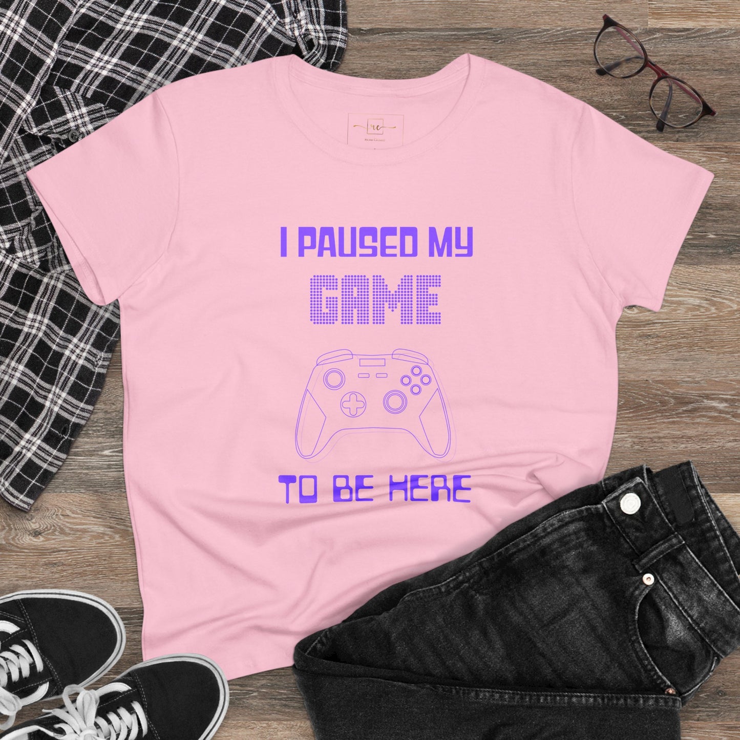 Gamer I Paused My Game Women's Mid-weight Cotton Tee - Humor Joke (Purple Controller)