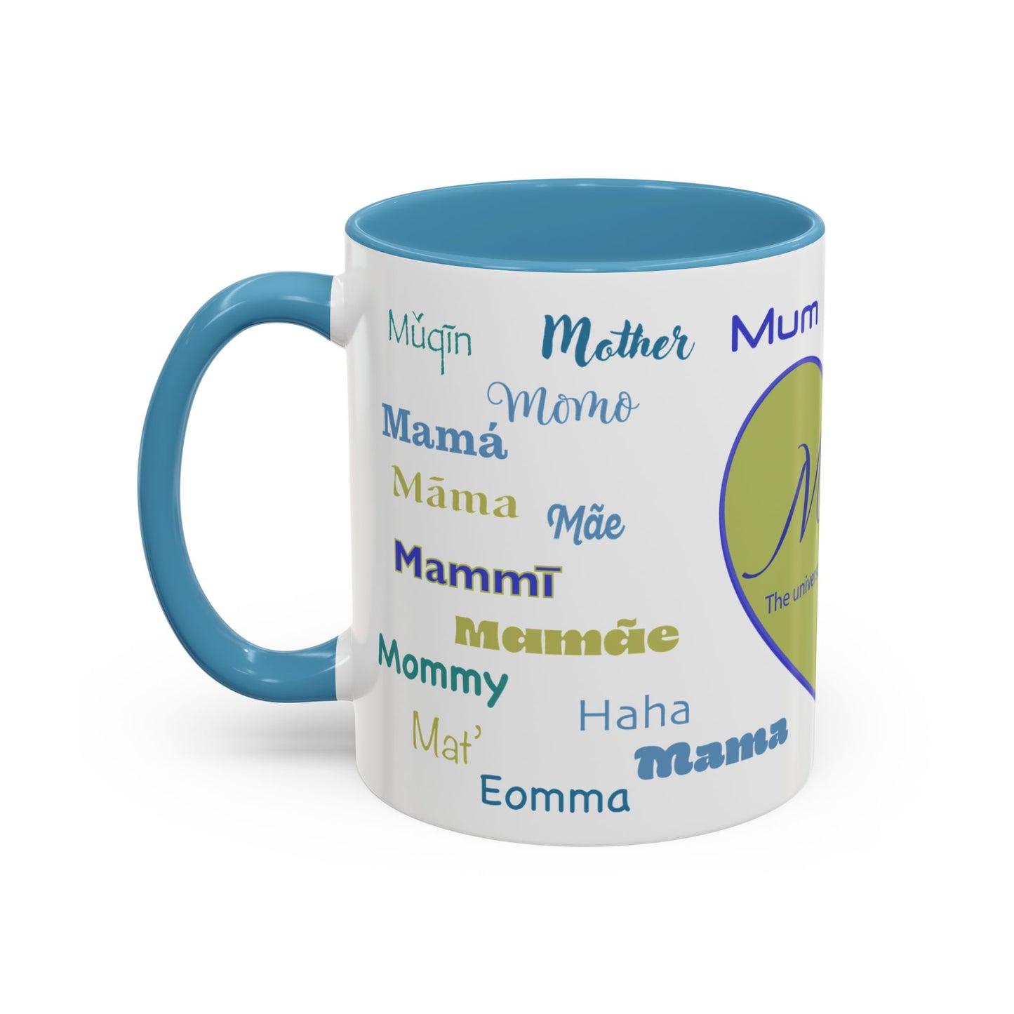 Mom Green Heart Mug - “Mom” in Different Languages - Universal Language of Love - Gift for Moms, New Moms, Mother's Day, Birthday, Valentine’s Day - Modern & Stylish Ceramic Mug with Color Inside (11oz, 15oz)