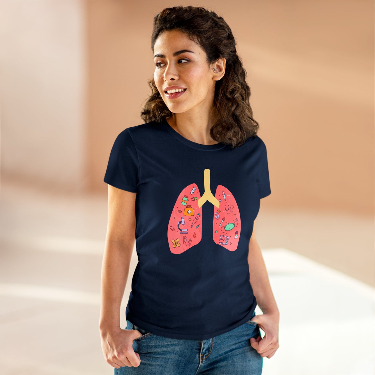 Medical Cartoon Lung Women's Mid-weight Cotton Tee - Medical Humor