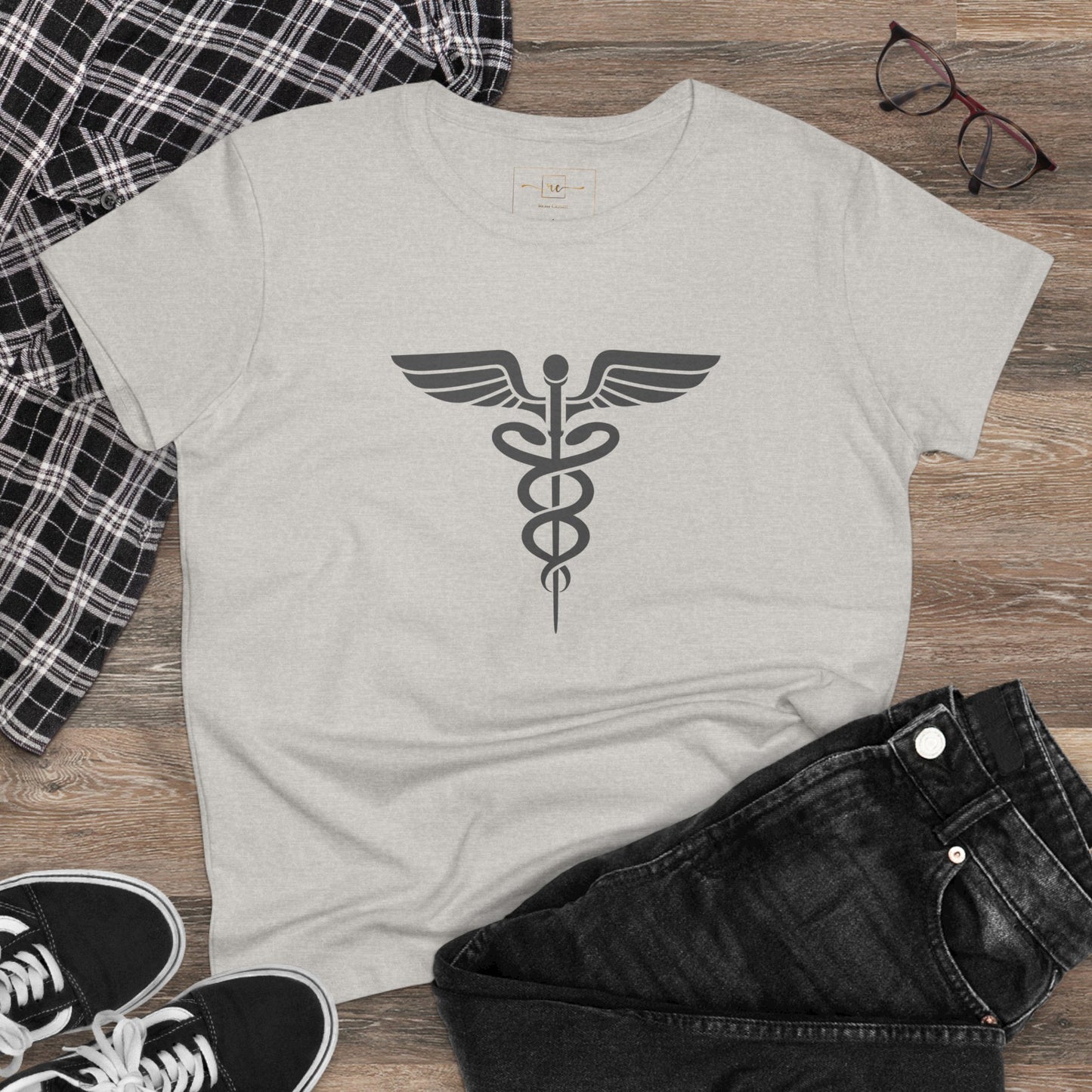 Caduceus Gray Symbol Women's Midweight Cotton Tee - Medical