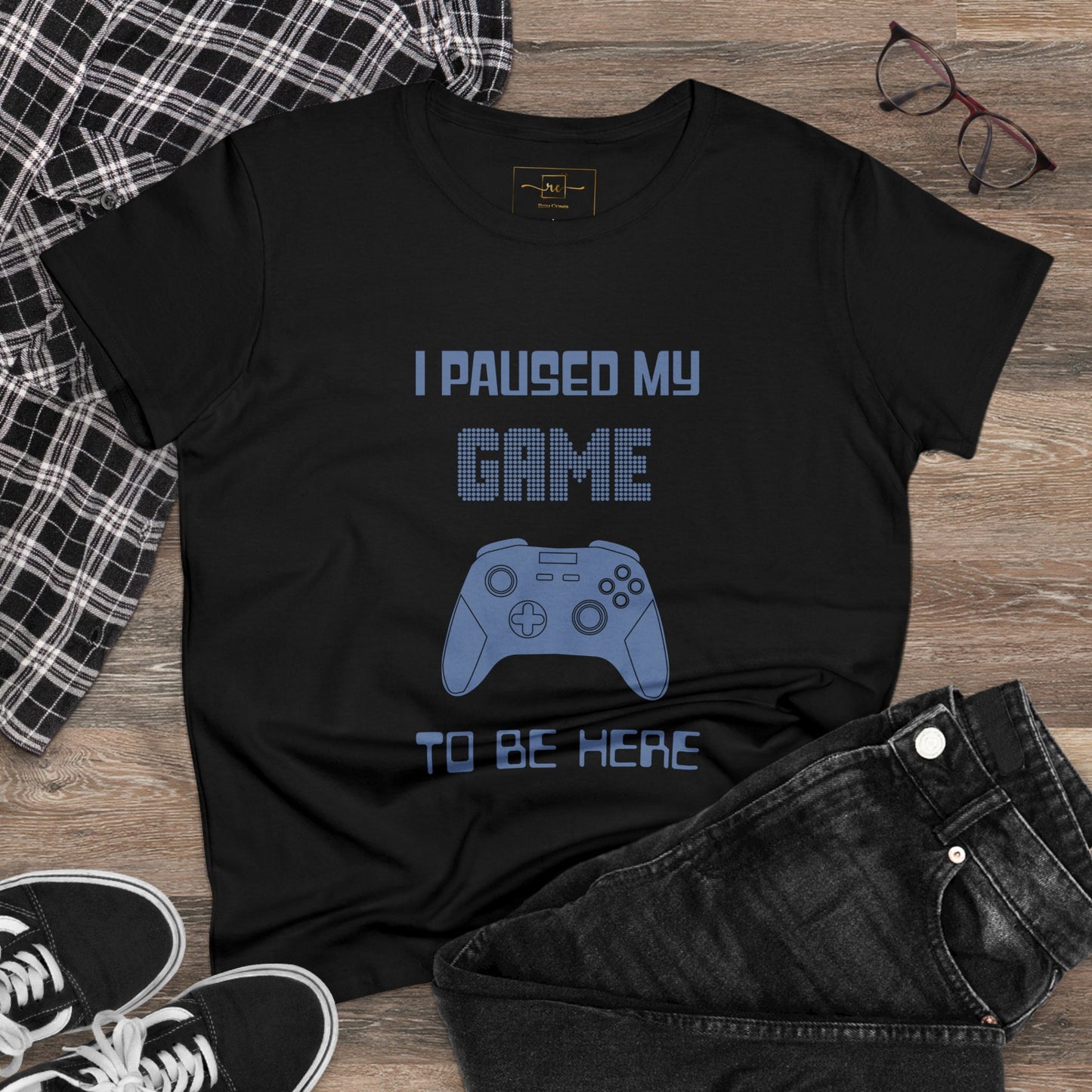 Gamer I Paused My Game Women's Mid-weight Cotton Tee - Humor Joke (Blue Controller)