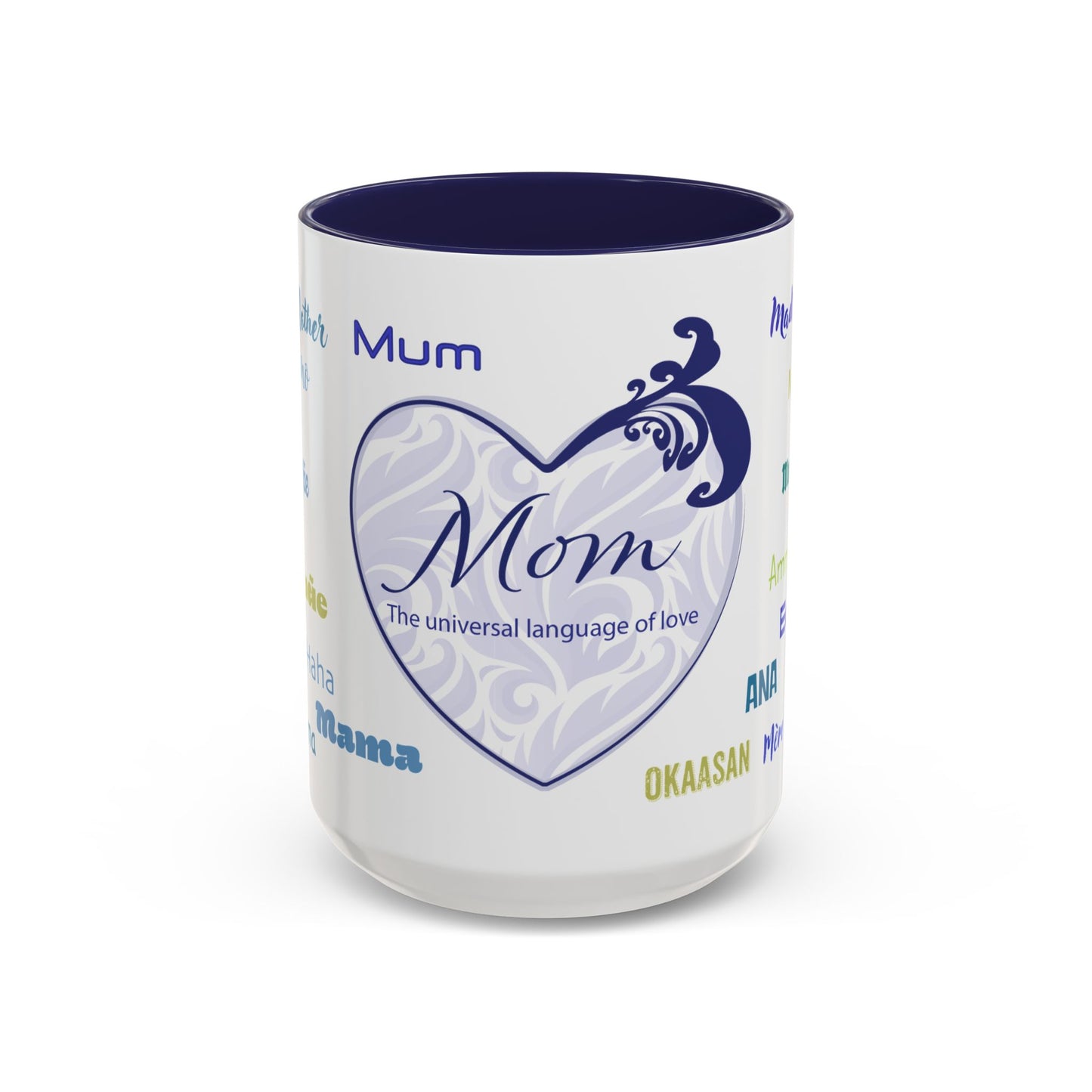 Mom Purple Elegant Heart Mug - “Mom” in Different Languages - Universal Language of Love - Gift for Moms, New Moms, Mother's Day, Birthday, Valentine’s Day - Modern & Stylish Ceramic Mug with Color Inside (11oz, 15oz)