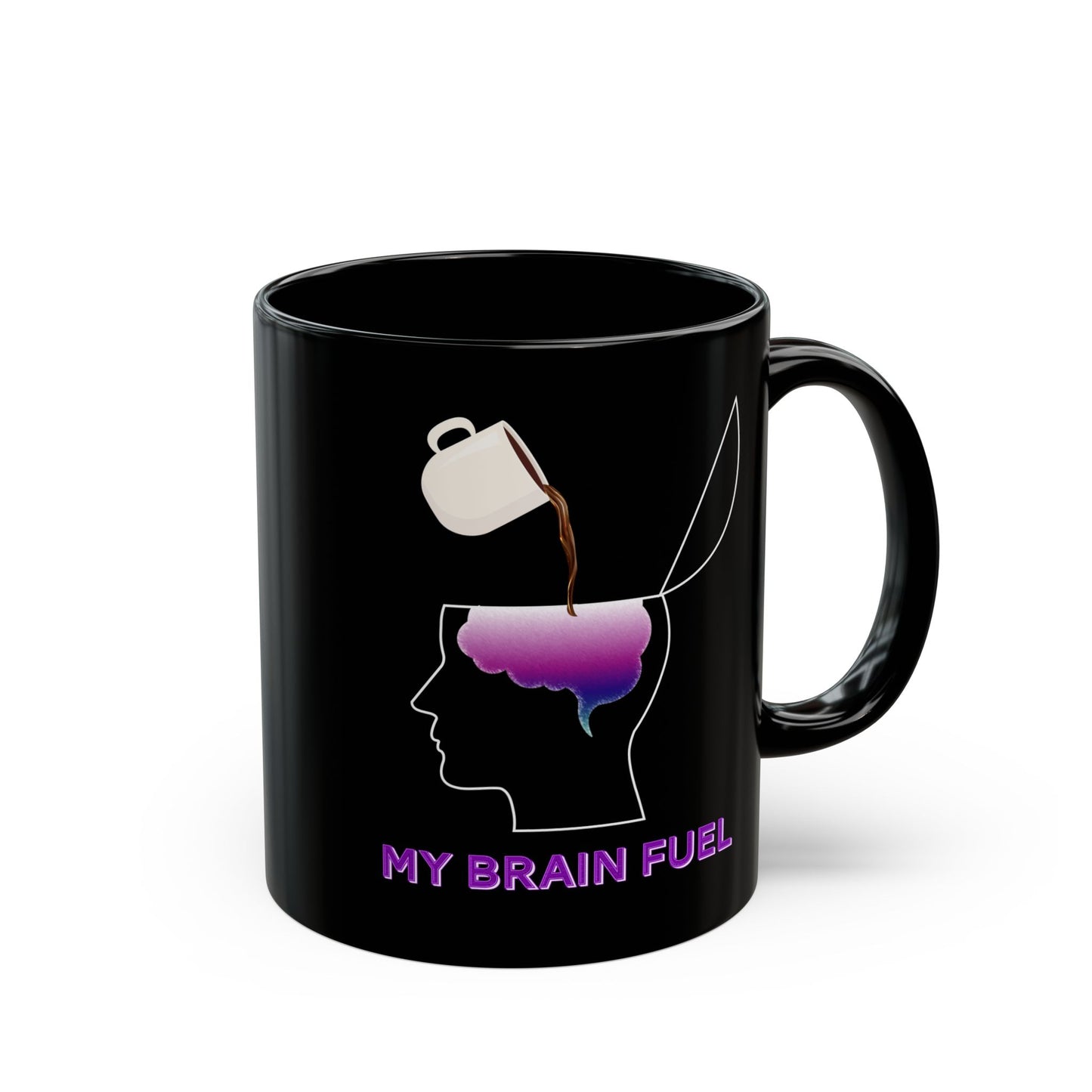 Coffee Brain Fuel Mug - Funny Coffee Pouring Into Brain Design - Wellness & Mental Health Humor Gift - Black Ceramic Coffee Cup (11oz, 15oz)
