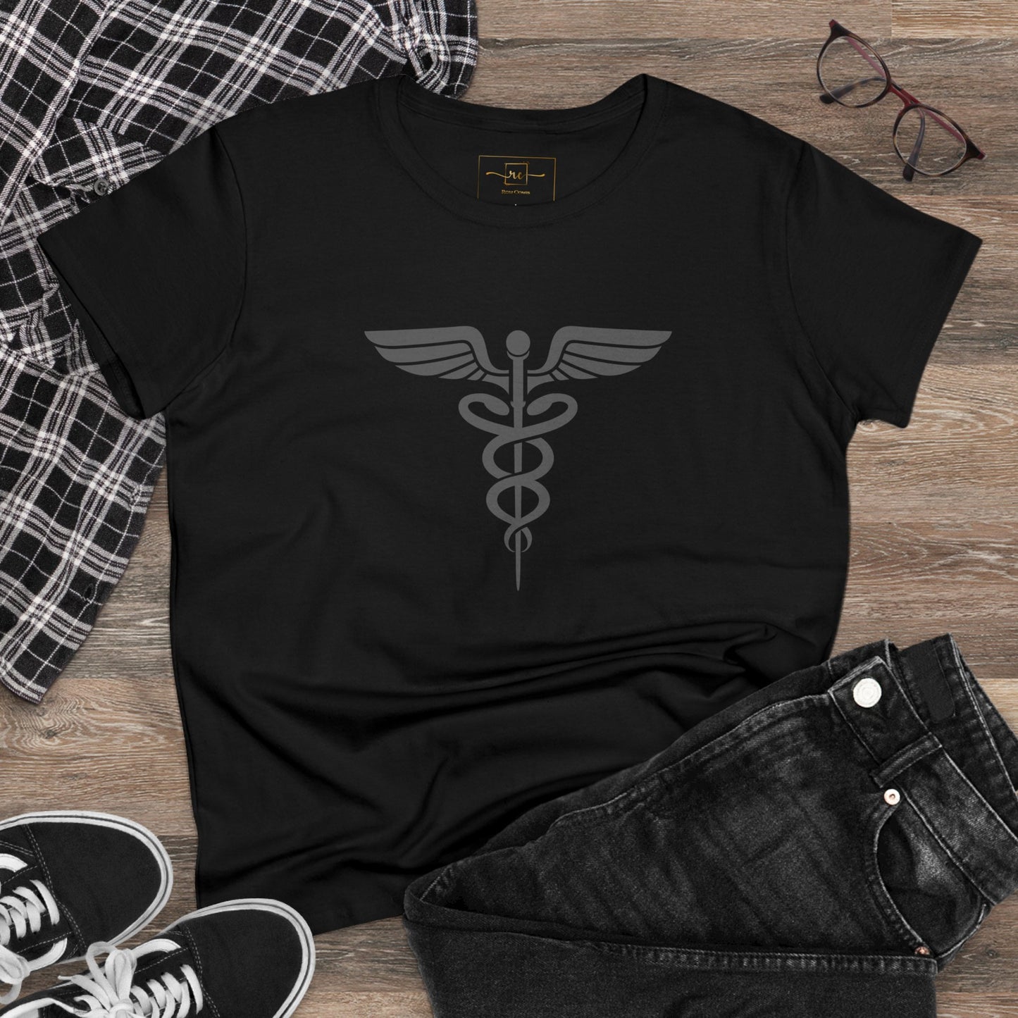 Caduceus Gray Symbol Women's Midweight Cotton Tee - Medical