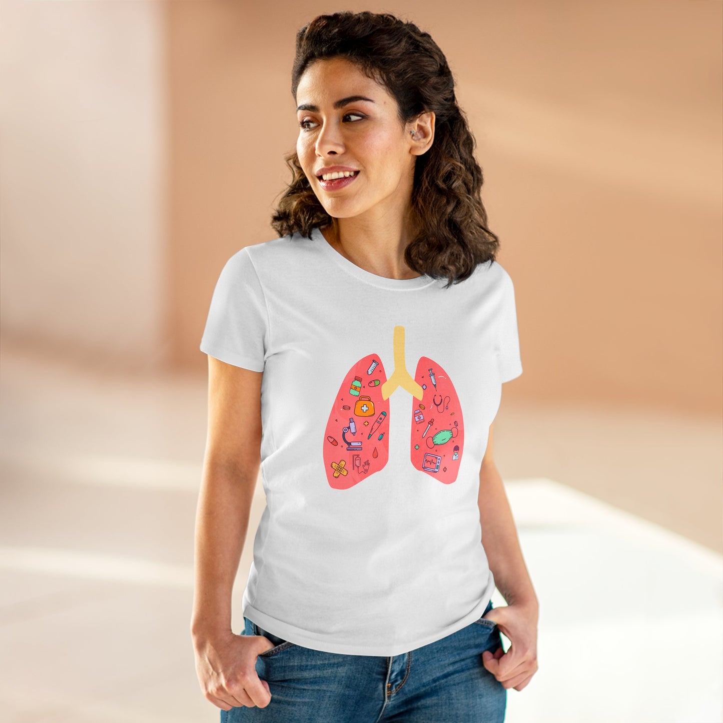 Medical Cartoon Lung Women's Mid-weight Cotton Tee - Medical Humor