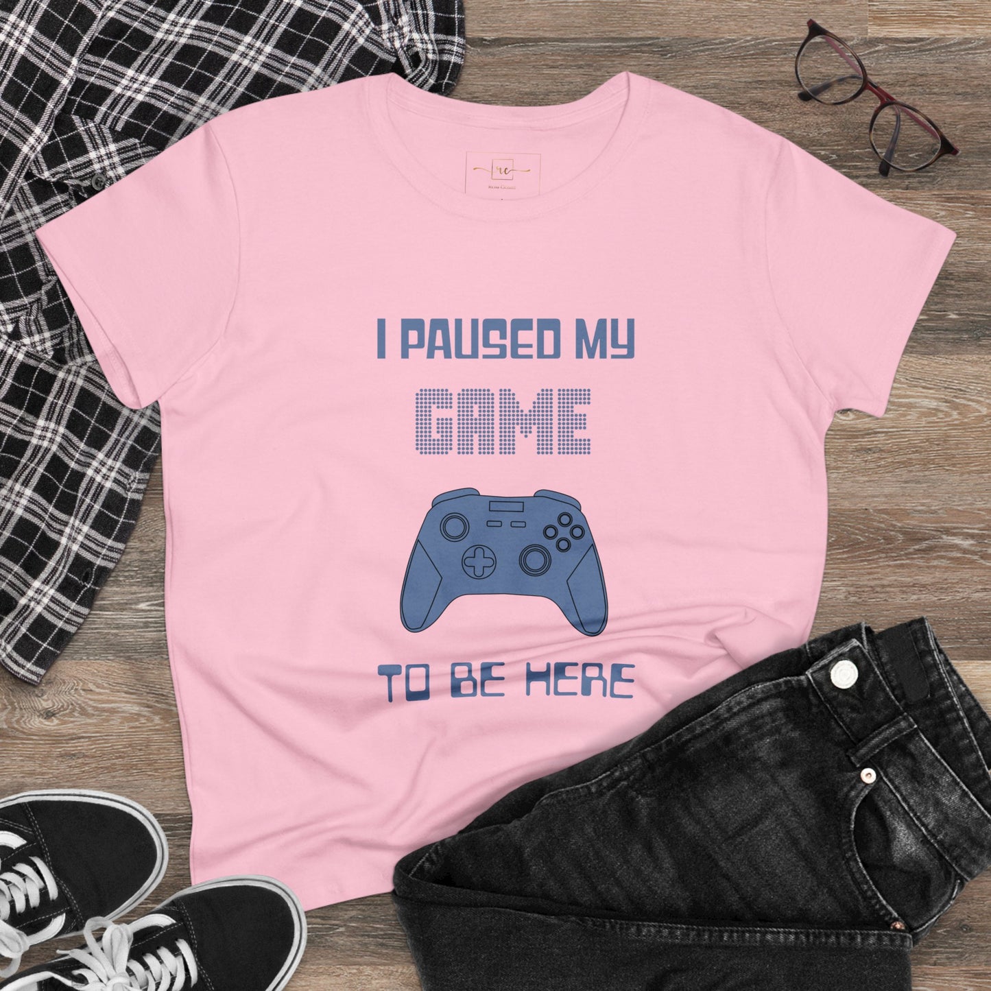 Gamer I Paused My Game Women's Mid-weight Cotton Tee - Humor Joke (Blue Controller)