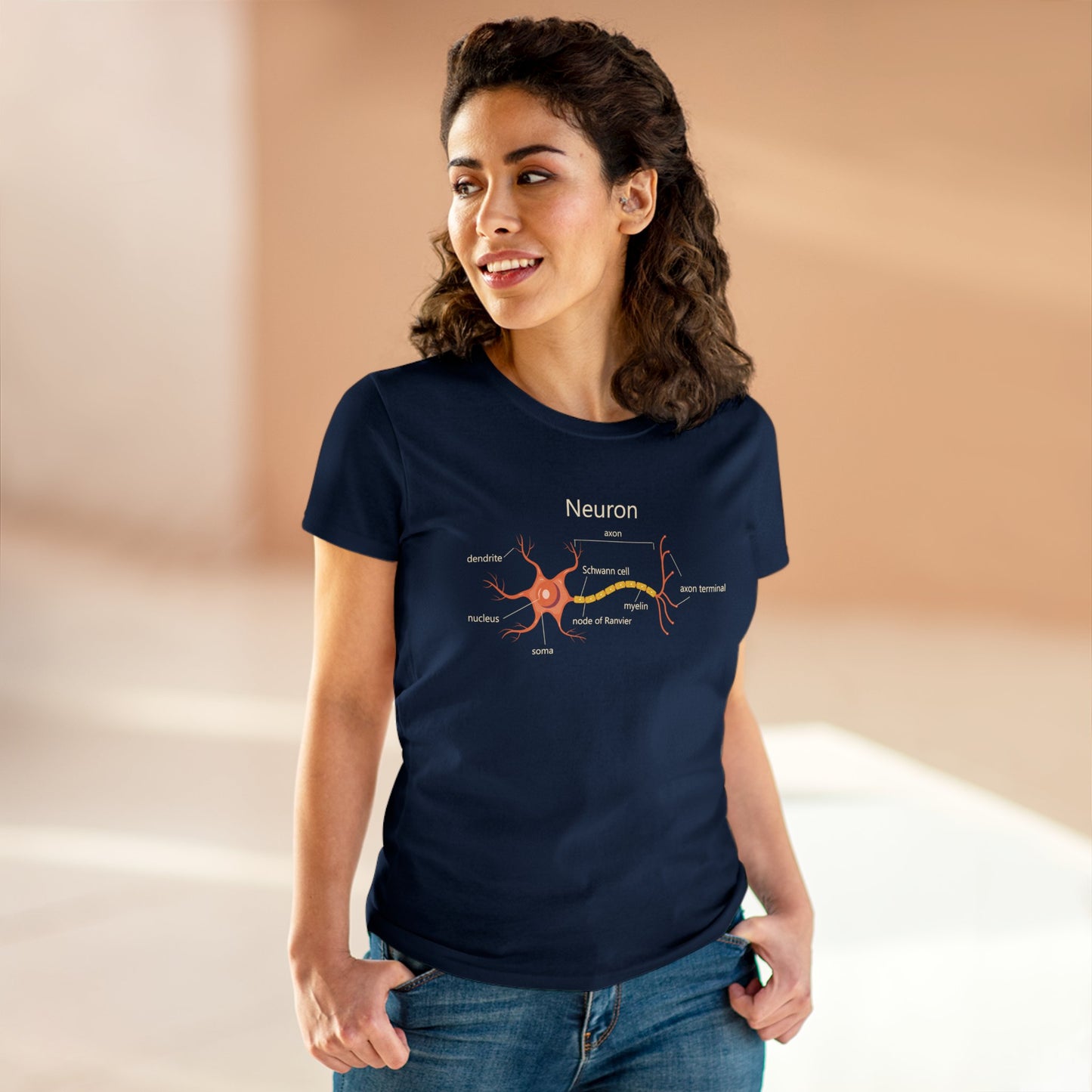 Neuron Anatomy Women's Mid-weight Cotton T-Shirt - Orange Medical Graphic Tee Featuring Nerve Cell, Axon & Myelin - Perfect for Doctors, Nurses, and Medical Students