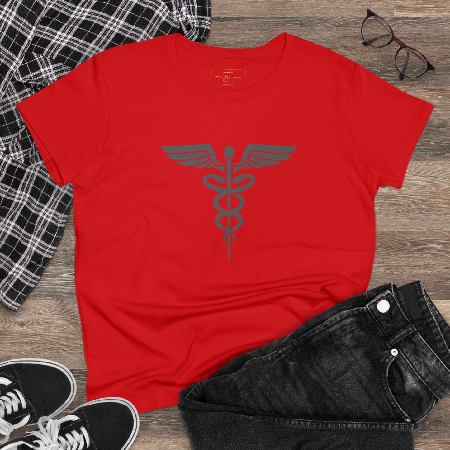 Caduceus Gray Symbol Women's Midweight Cotton Tee - Medical