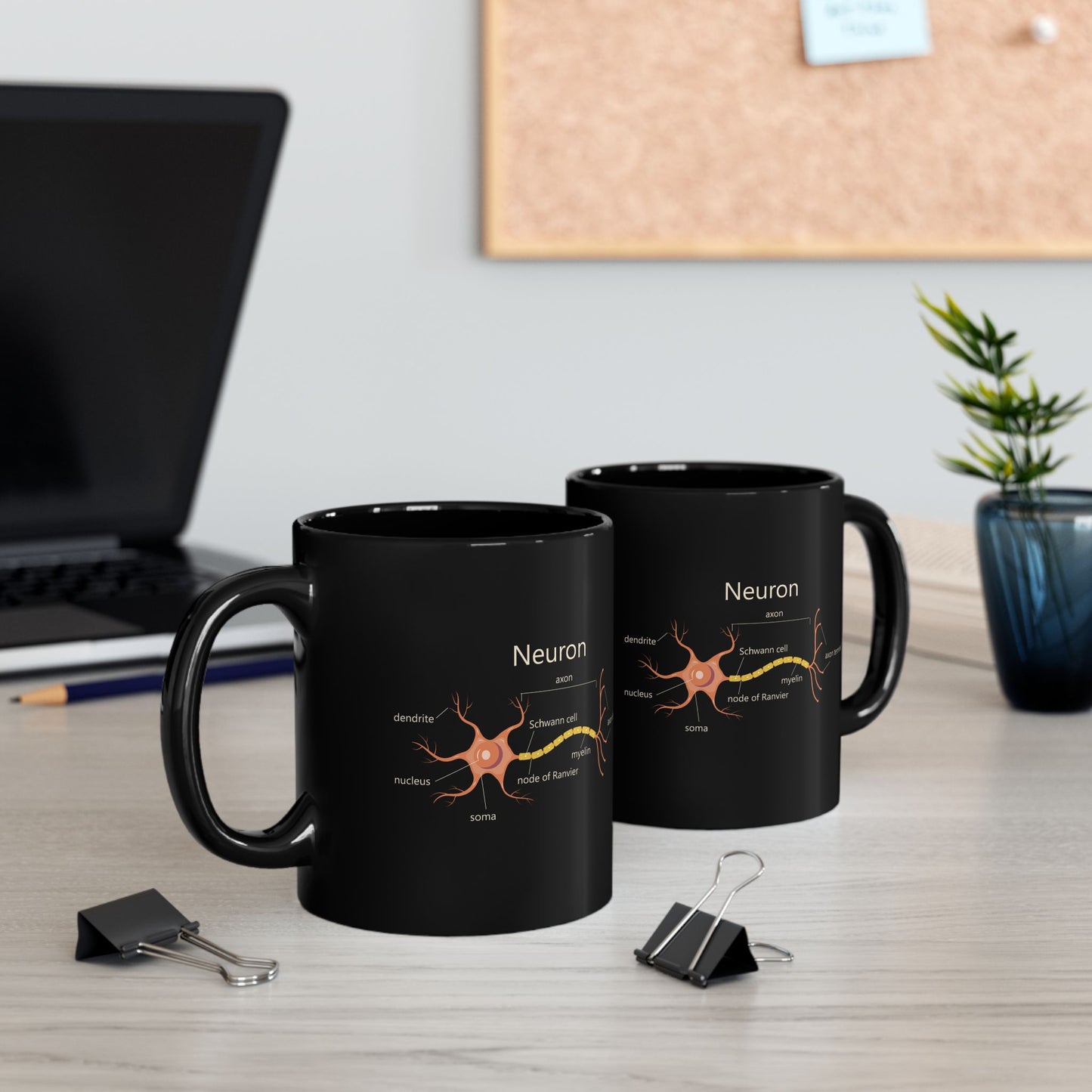 Neuron Anatomy Black Ceramic Mug (11oz, 15oz) - Nerve Cell, Axon & Myelin Orange Graphic - Perfect for Neurologists, Doctors, Nurses, Medical Professionals