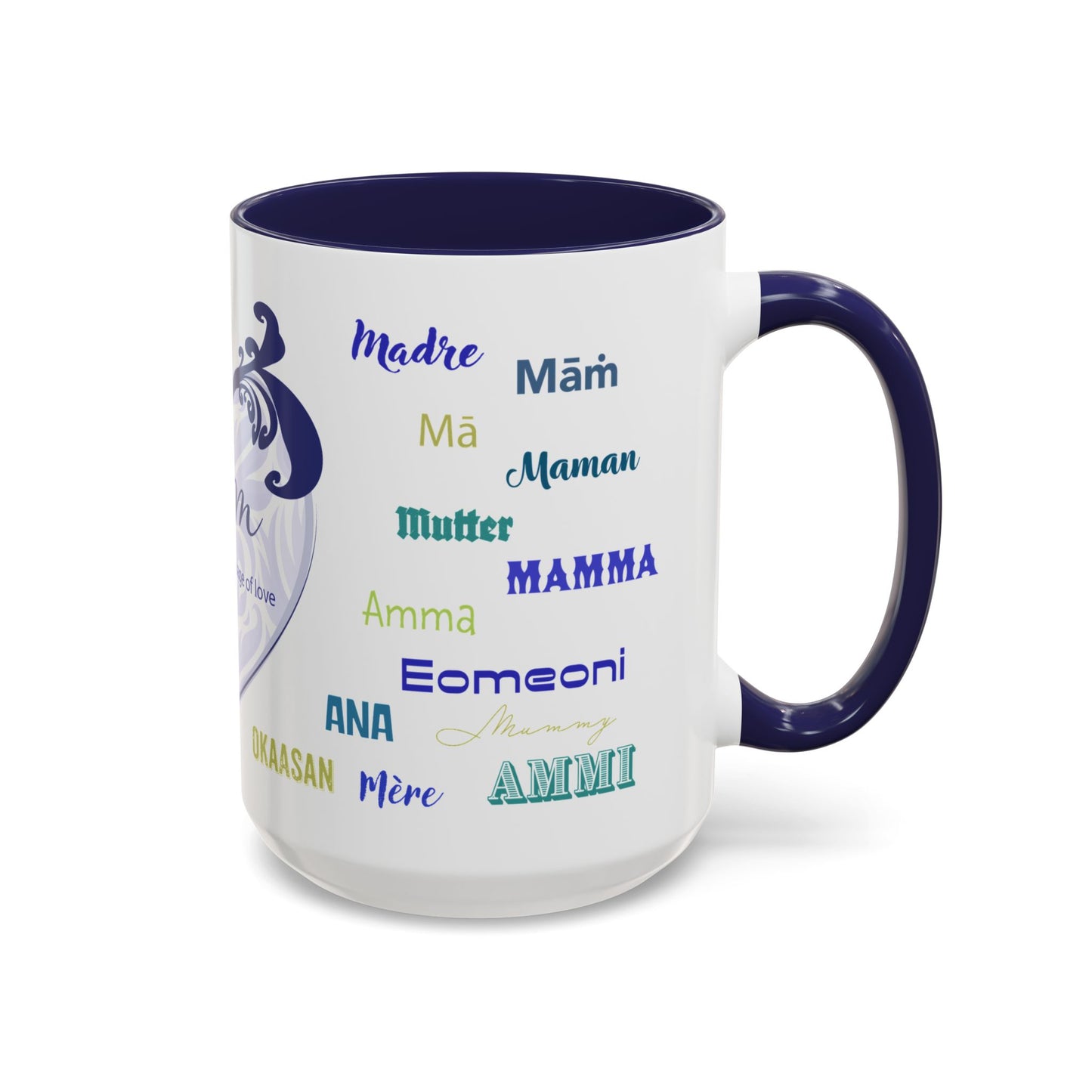 Mom Purple Elegant Heart Mug - “Mom” in Different Languages - Universal Language of Love - Gift for Moms, New Moms, Mother's Day, Birthday, Valentine’s Day - Modern & Stylish Ceramic Mug with Color Inside (11oz, 15oz)