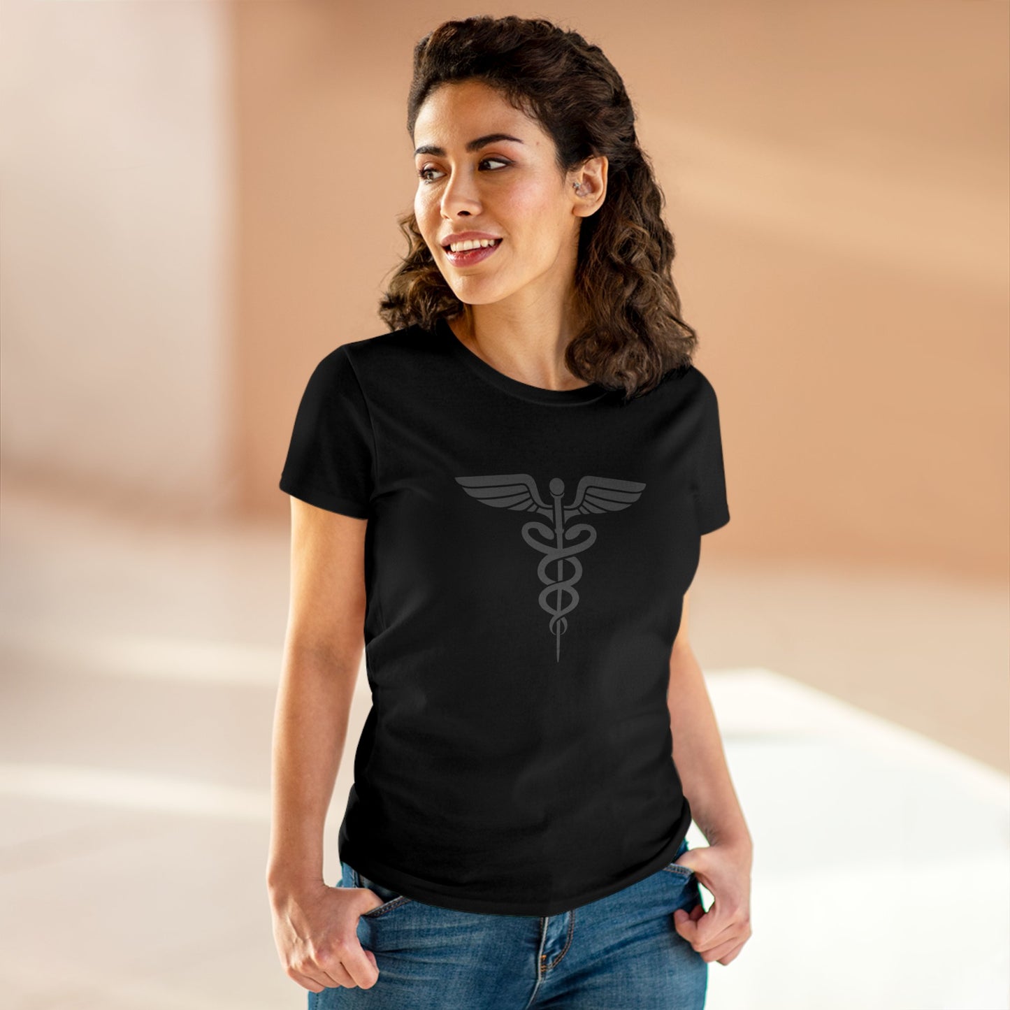 Caduceus Gray Symbol Women's Midweight Cotton Tee - Medical