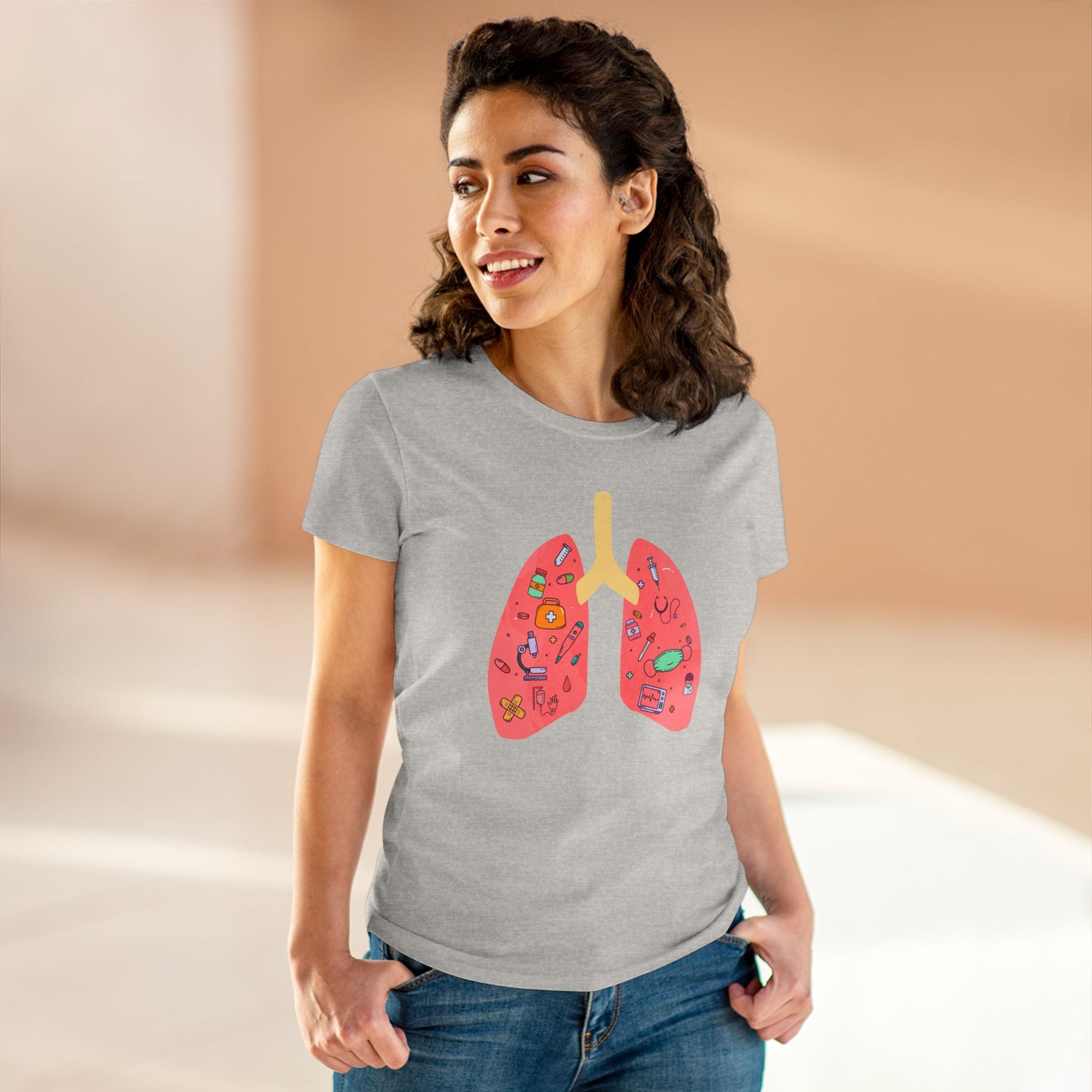Medical Cartoon Lung Women's Mid-weight Cotton Tee - Medical Humor